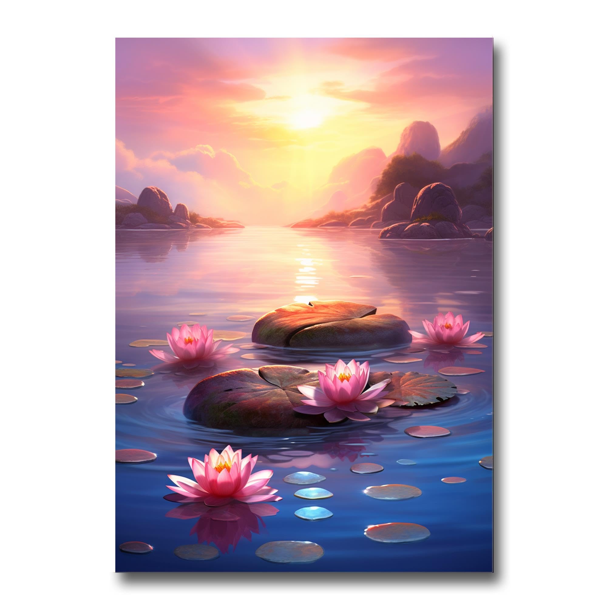 Zen Wall Art Decor - Framed Zen Garden Poster with Stone & Flower Print, Peaceful Water Sunset Meditation Artwork for Yoga Studio, Home, Office & Meditation Spaces | Perfect for Relaxation & Mindfulness Decor