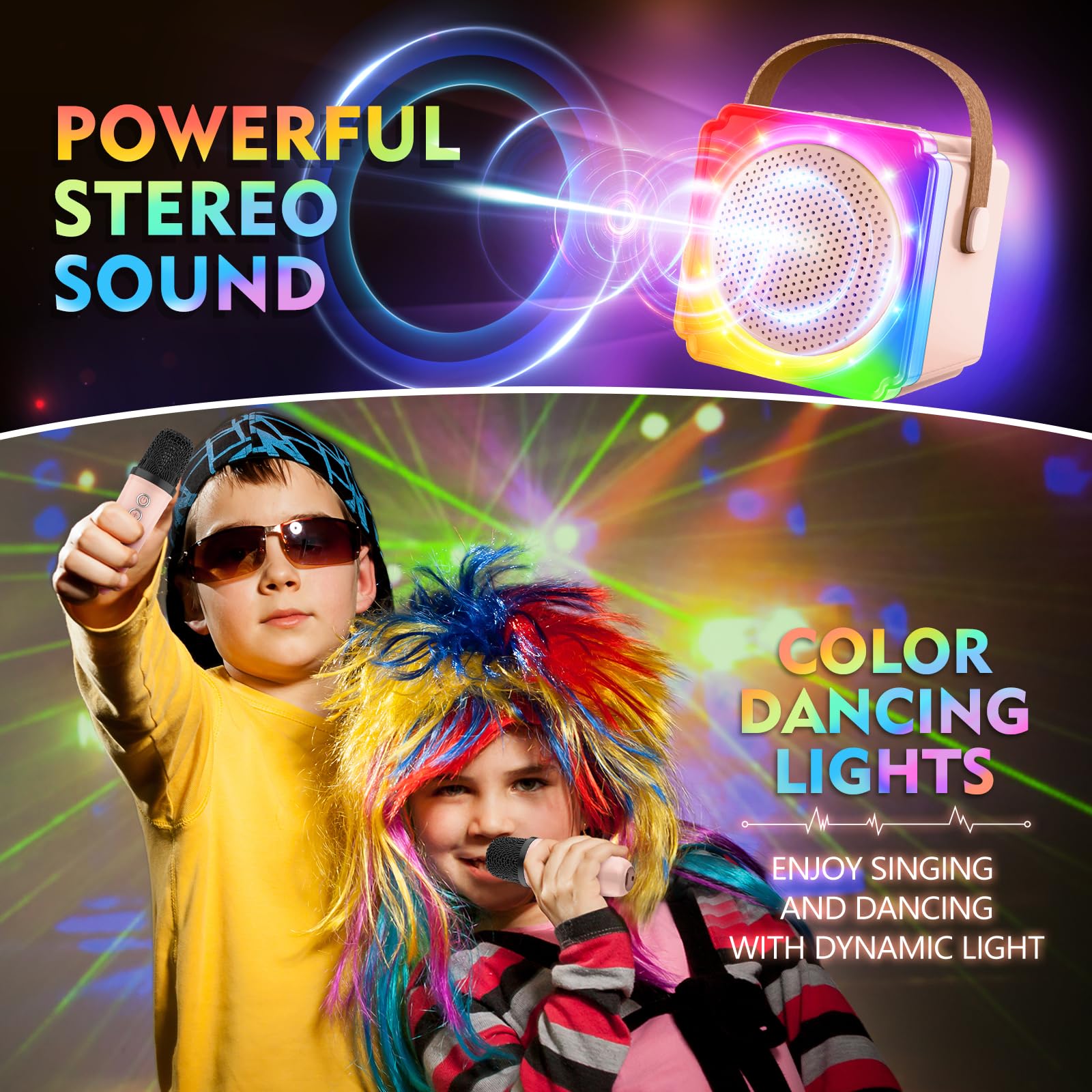 BAYSING Kids Karaoke Machine with Bluetooth Speaker & 2 Wireless Mics - Portable Mini Singing Machine with LED Lights - Best Birthday Christmas Gift for Girls Boys Ages 4-9 - Perfect for Home Parties, Travel & Family Fun
