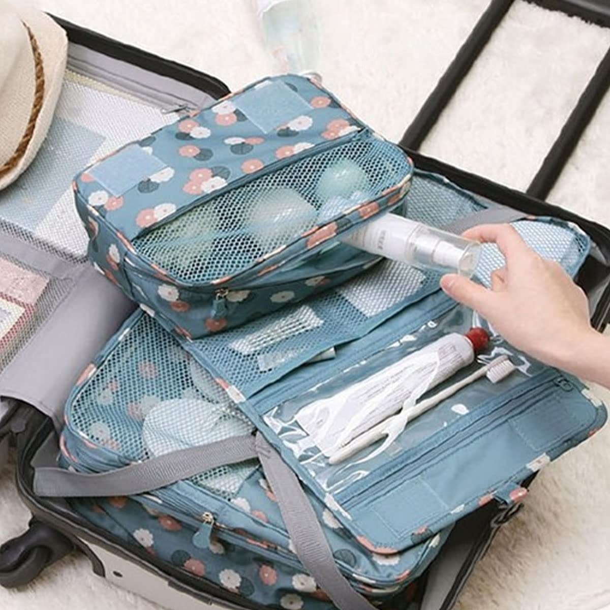 Trawila Travel Hanging Toiletry Bag for Men & Women - Waterproof Cosmetic Organizer with Sturdy Hook, Perfect for Bathroom & Makeup Storage (Blue Floral Design) | Ideal for Camping, Gym & Business Trips