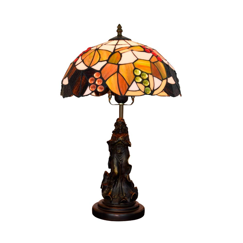Vintage Tiffany Style Table Lamp - 12 Inch Antique Reading Light with Brown Grape Colored Glass for Living Room, Bedroom & Restaurant Decor | Classic Desk Lamp for Home Office, Study & Bedside Lighting