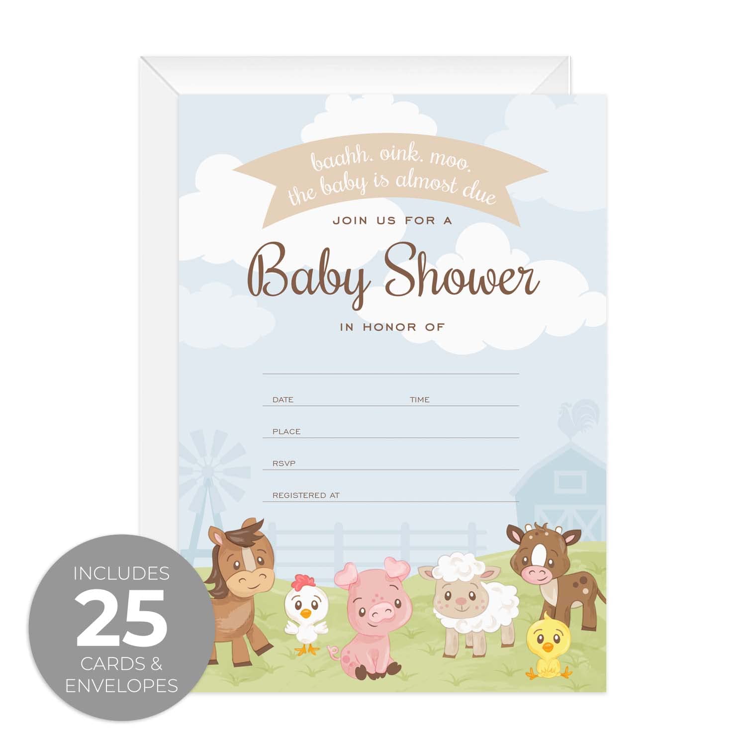 Barnyard Baby Shower Invitations - 25 Gender Neutral Farm Animal Cards with White Envelopes, 5