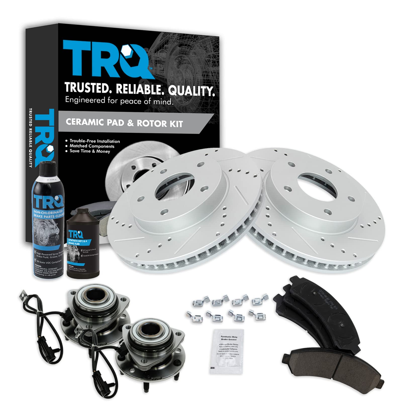 TRQ Performance Ceramic Brake Pad & Rotor Front Wheel Hub Kit - Compatible with Chevy Silverado, GMC Sierra, Isuzu NPR | Smooth Braking for Highway & City Driving