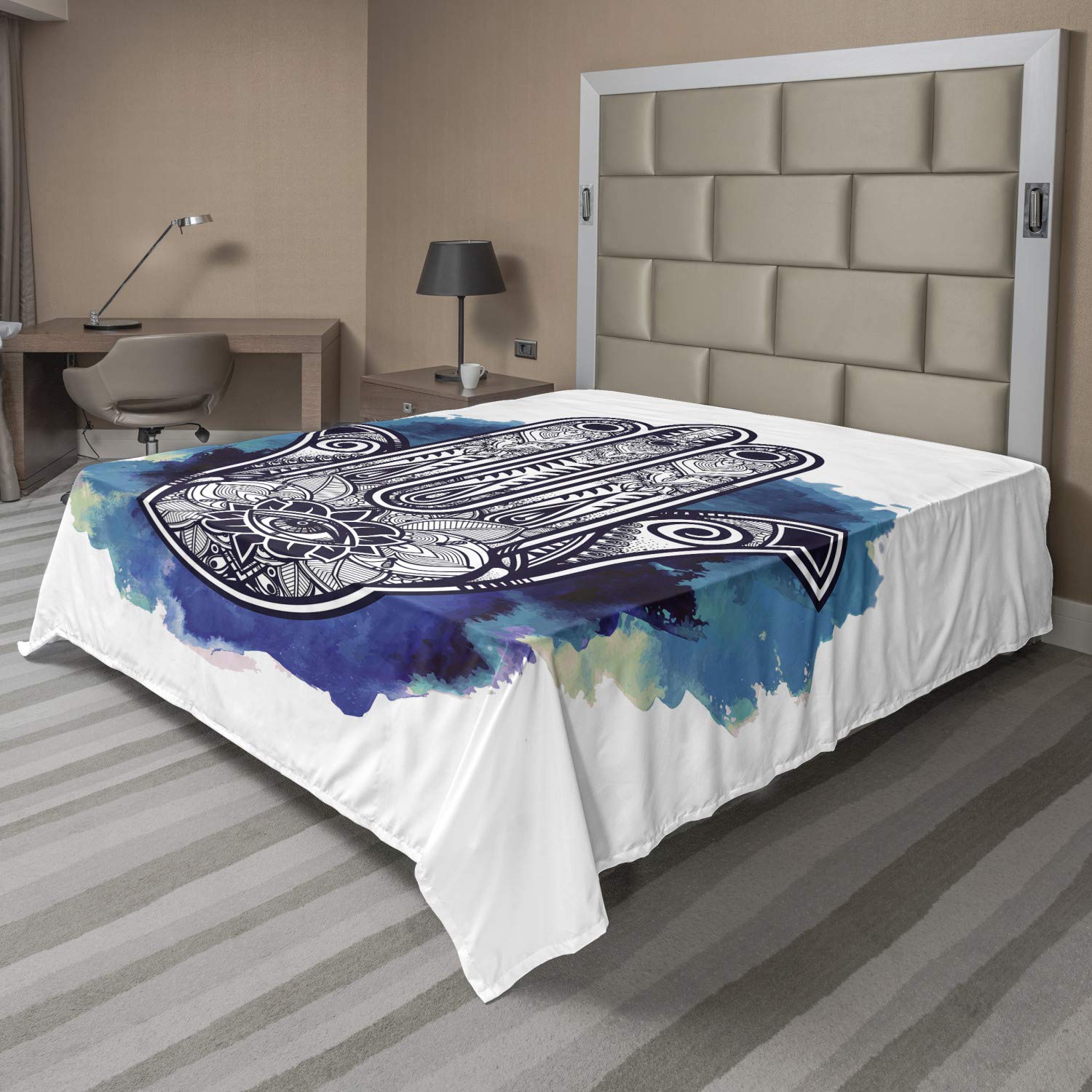 Ambesonne Evil Eye Queen Size Flat Sheet - Hamsa Hand on Watercolor Brushstrokes with Floral Design, Soft & Comfortable Decorative Bedding (Pale Blue & Dark Blue) | Perfect for Boho Bedroom Decor, Guest Room Makeover & Spiritual Protection