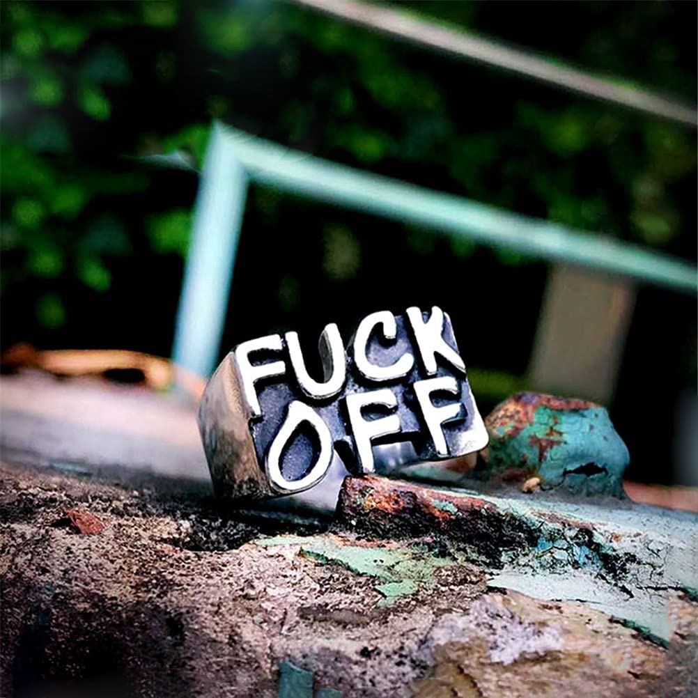 PAMTIER Men's Stainless Steel Fuck Off Middle Finger Ring - Edgy Punk Rock Jewelry with Cool Letter Design - Perfect for Concerts, Gifts & Rebellious Fashion Statements