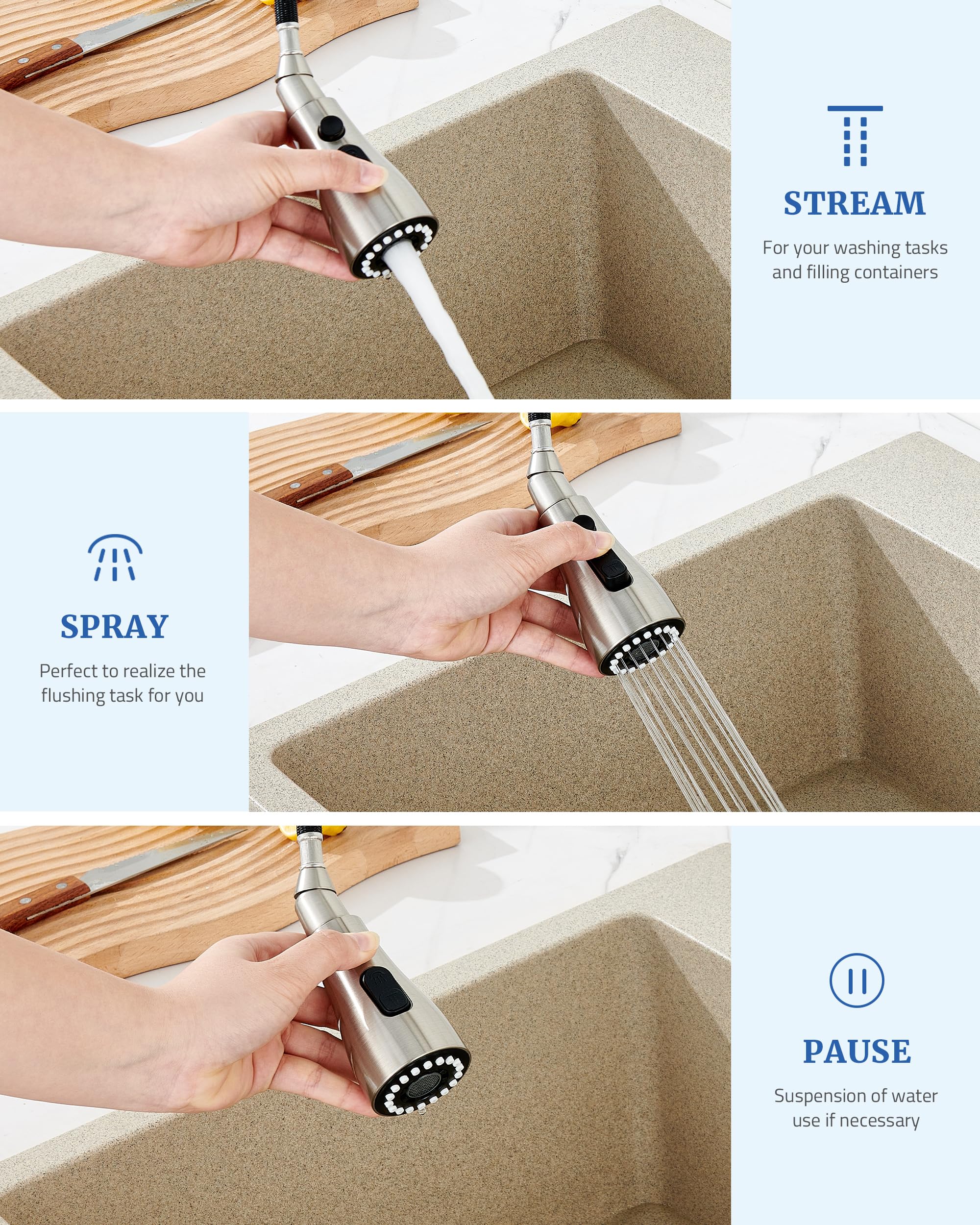15 Adapters Kitchen Faucet Spray Head - 3 Functions Pull Down Sprayer for Sink, Brushed Nickel (Ideal for Home & Restaurant Kitchens)
