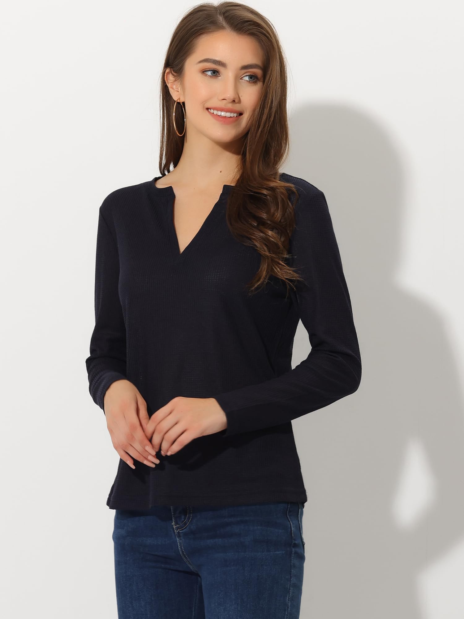 Allegra K Women's Waffle Knit Business Casual Blouse - Ribbed V-Neck Long Sleeve Tops for Office, Work & Everyday Wear