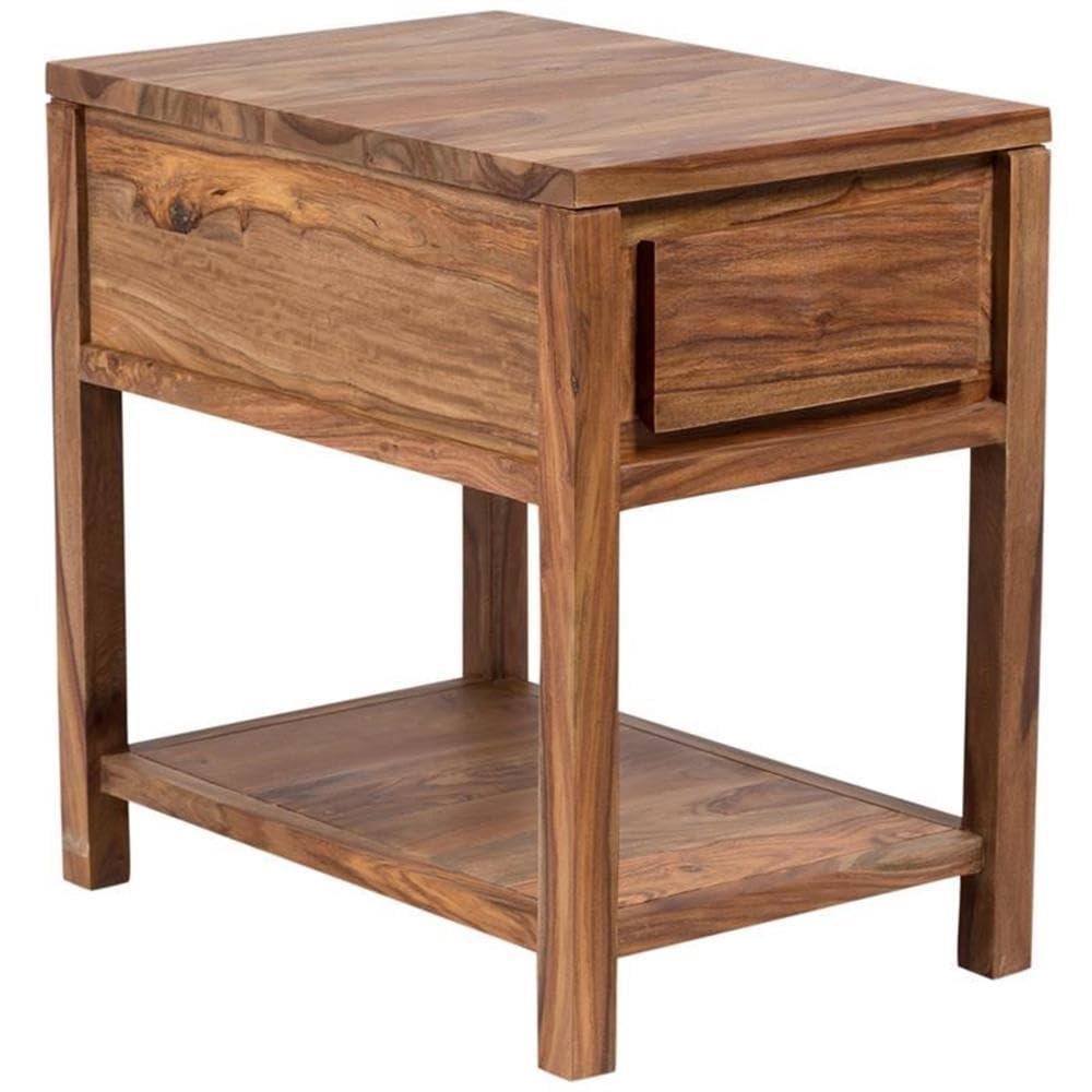 Mid-Century Modern Wood End Table with Drawer - Natural Brown Finish for Living Room, Bedroom & Office Decor
