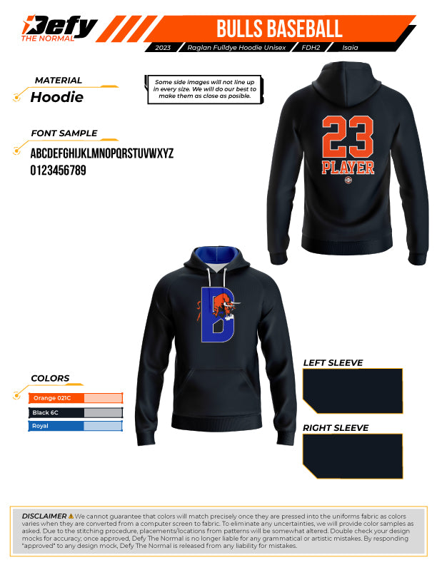 Bulls Baseball Black Full Dye Hoodie - Men's Athletic Pullover Sweatshirt for Baseball Fans, Streetwear & Casual Wear