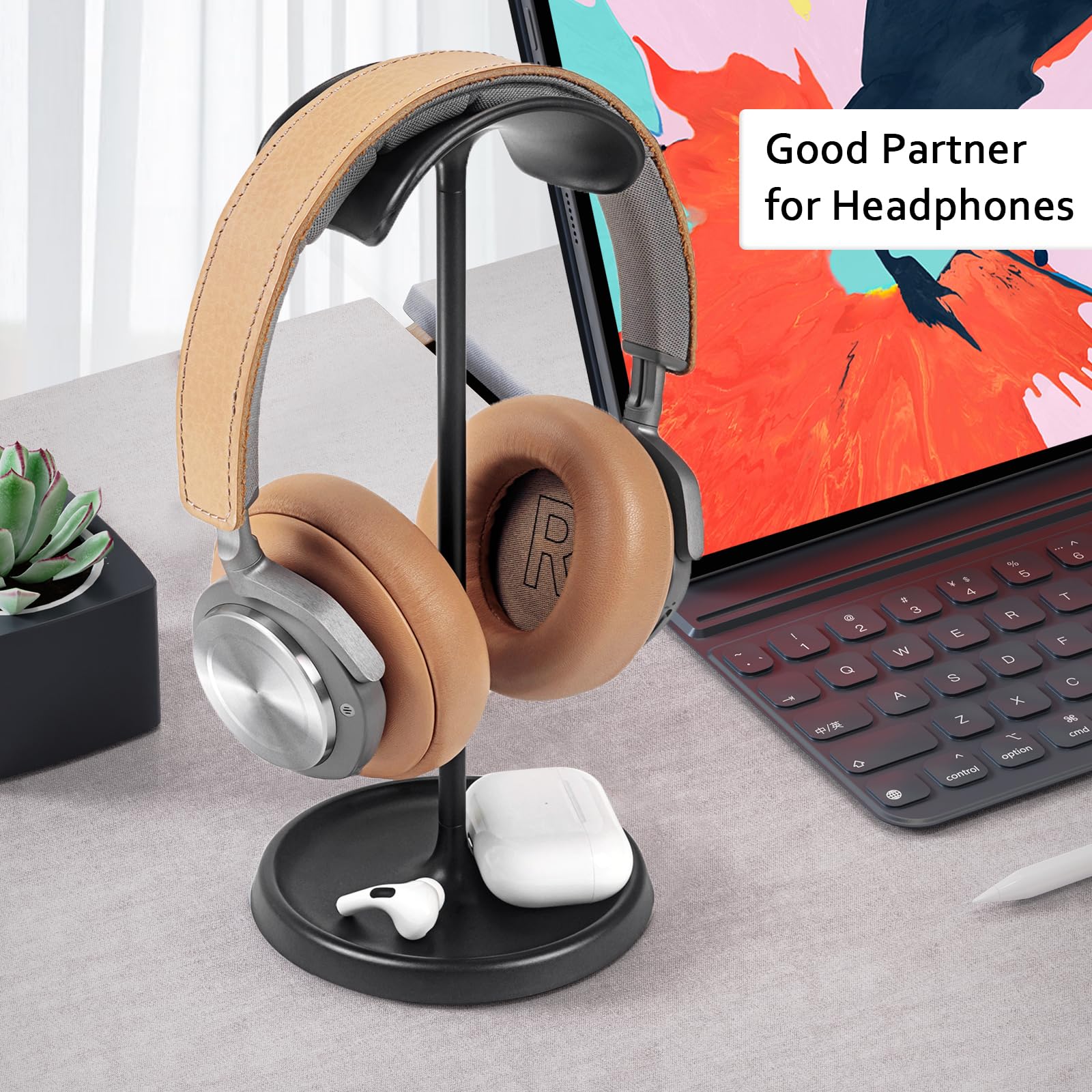 Premium Headphone Stand with Storage Tray - Heavy Base Gaming Headset Holder for AirPods Max, AirPods Pro, Beats, Bose, Sony & More - Perfect for Desk Organization & Gaming Setup (Black)