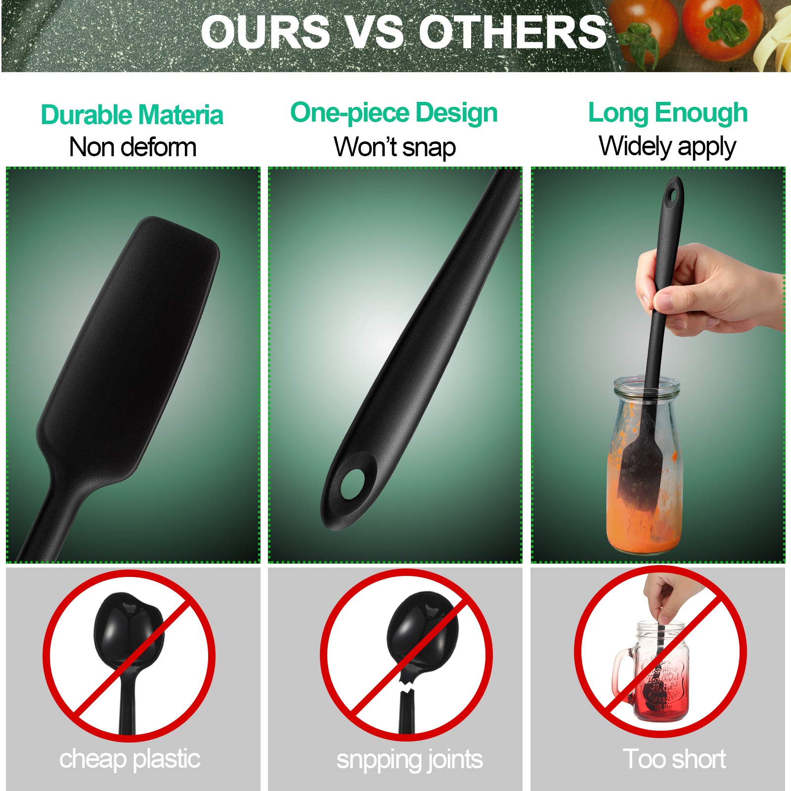 2-Pack Long Handle Silicone Jar Spatulas - Non-Stick Rubber Scrapers with Heat-Resistant Design for Smoothies, Baking & Cooking - Perfect for Jars, Blenders, Mixing Bowls & Food Prep (Black)