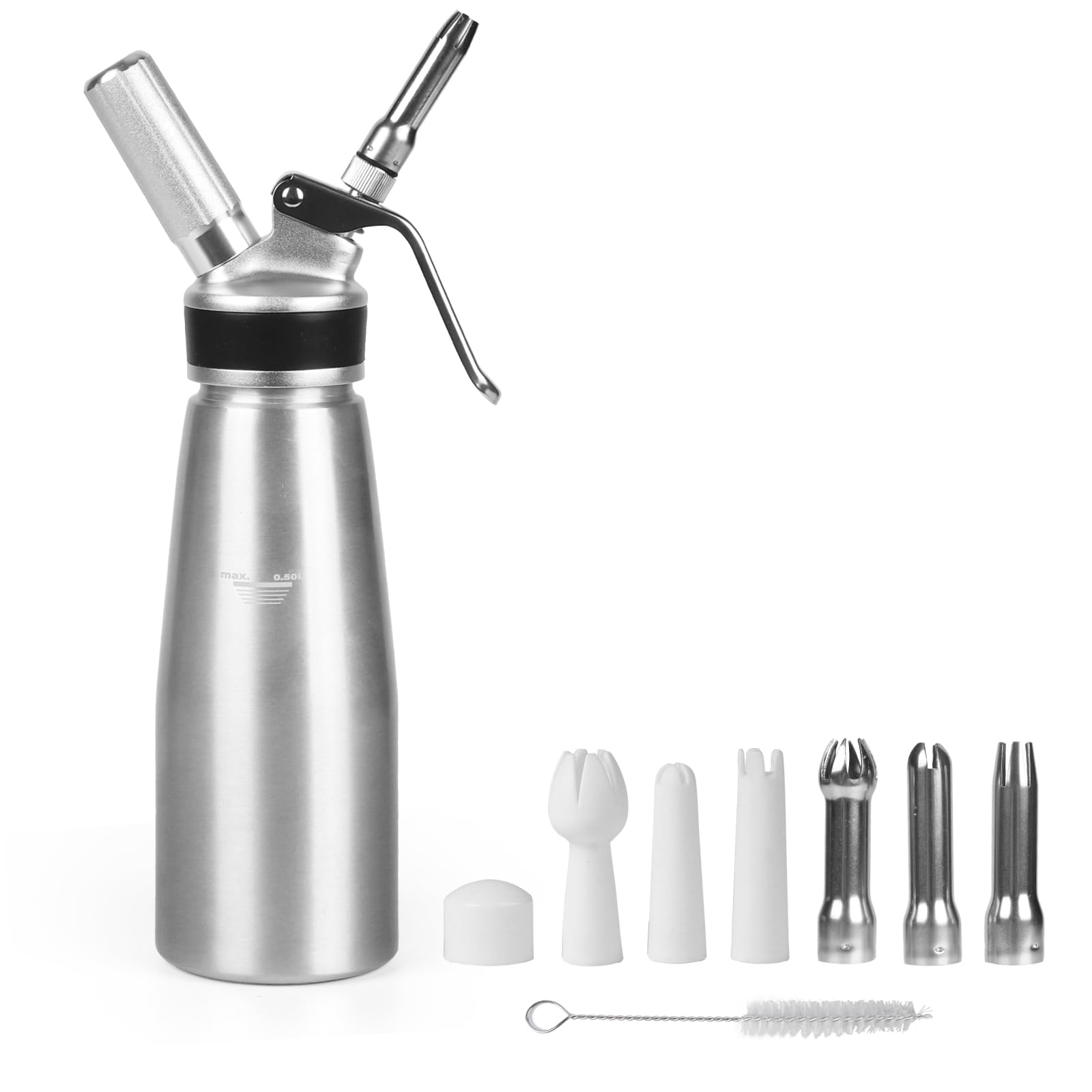 Premium Aluminum Whipped Cream Dispenser - 1 Pint (500ml) Professional Cream Whipper with 6 Decorating Nozzles & Cleaning Brush - Perfect for Desserts, Coffee, Cocktails & Home Baking