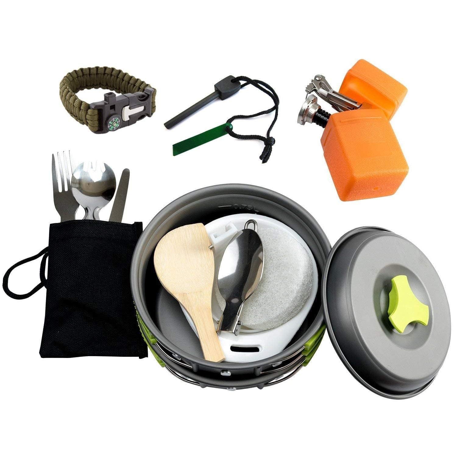 MalloMe 18-Piece Camping Cookware Set with Backpacking Stove & Utensils - Lightweight Portable Camping Pots and Pans for Outdoor Cooking - Perfect for Backpacking, Hiking, and Camping Trips