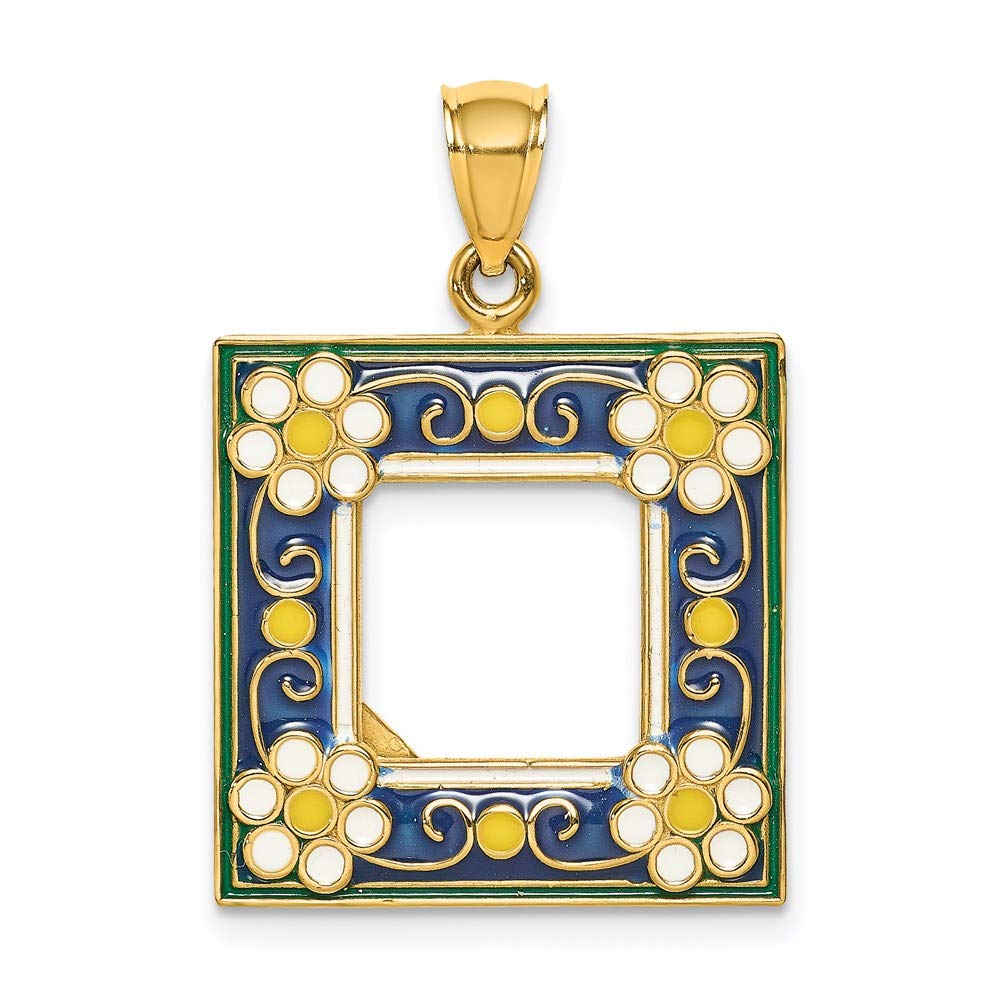 14K Yellow Gold Enamel Navy Blue Picture Frame Flower Charm Pendant - Elegant Jewelry Gift for Women, Perfect for Necklaces & Bracelets