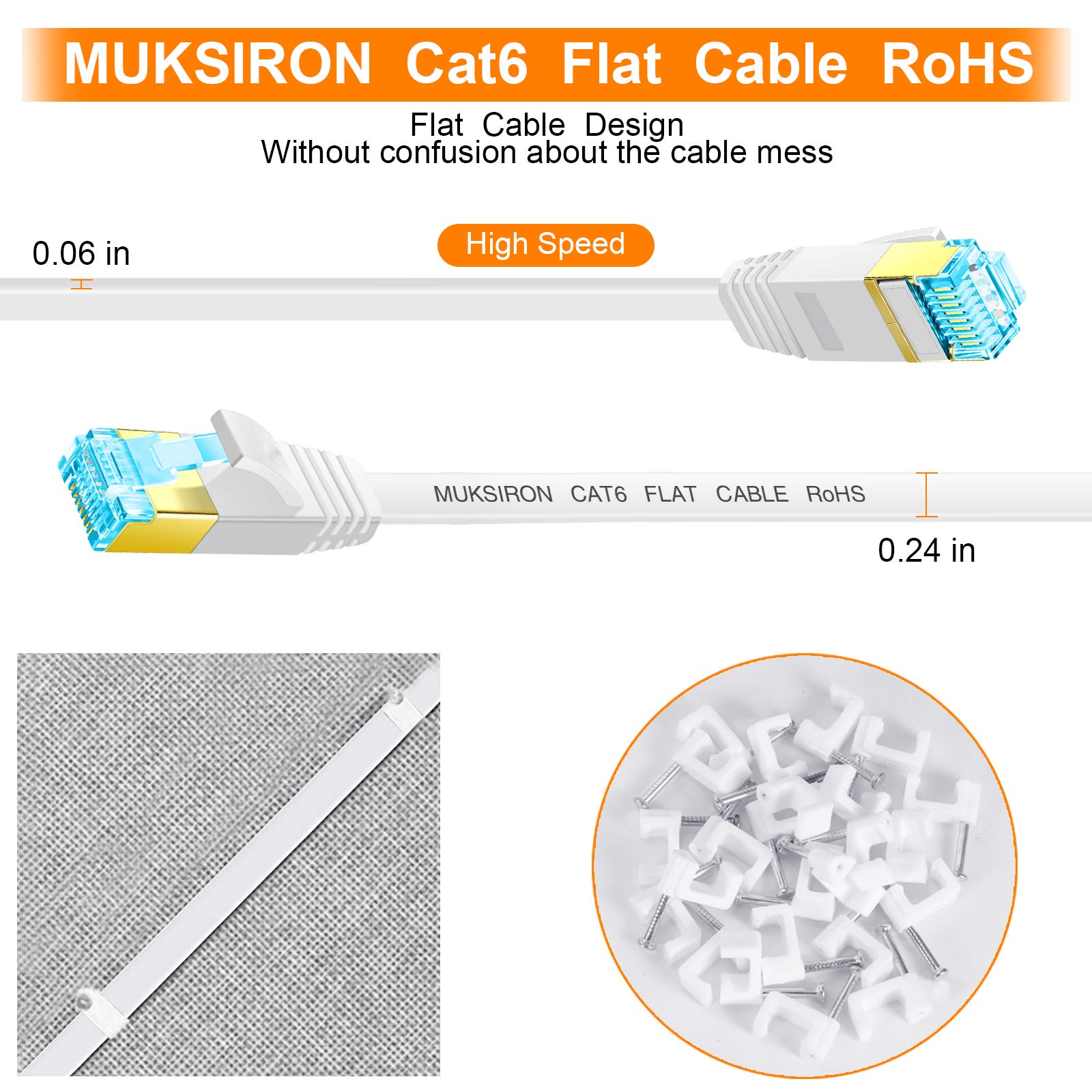 100 ft Cat 6 Ethernet Cable - High Speed Flat Slim White Network Cable with RJ45 Connectors & Clips for Router, Modem, Gaming PC - Indoor & Outdoor Use - Perfect for Home Office, Online Gaming, and Streaming