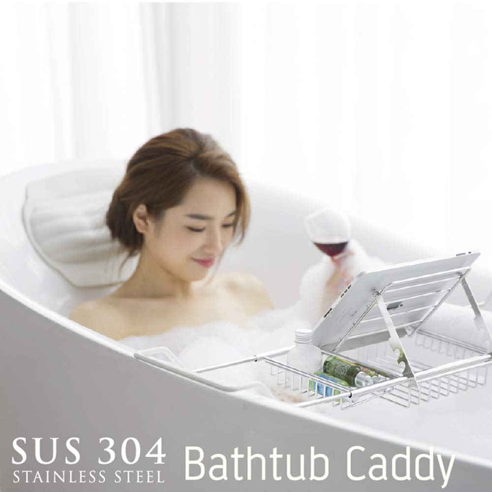 Expandable Stainless Steel Bathtub Tray with Book Holder & Extending Silicone Sides - Adjustable Bath Caddy Organizer for Bathroom, Perfect for Reading, Relaxing & Holding Essentials in Tub or Shower
