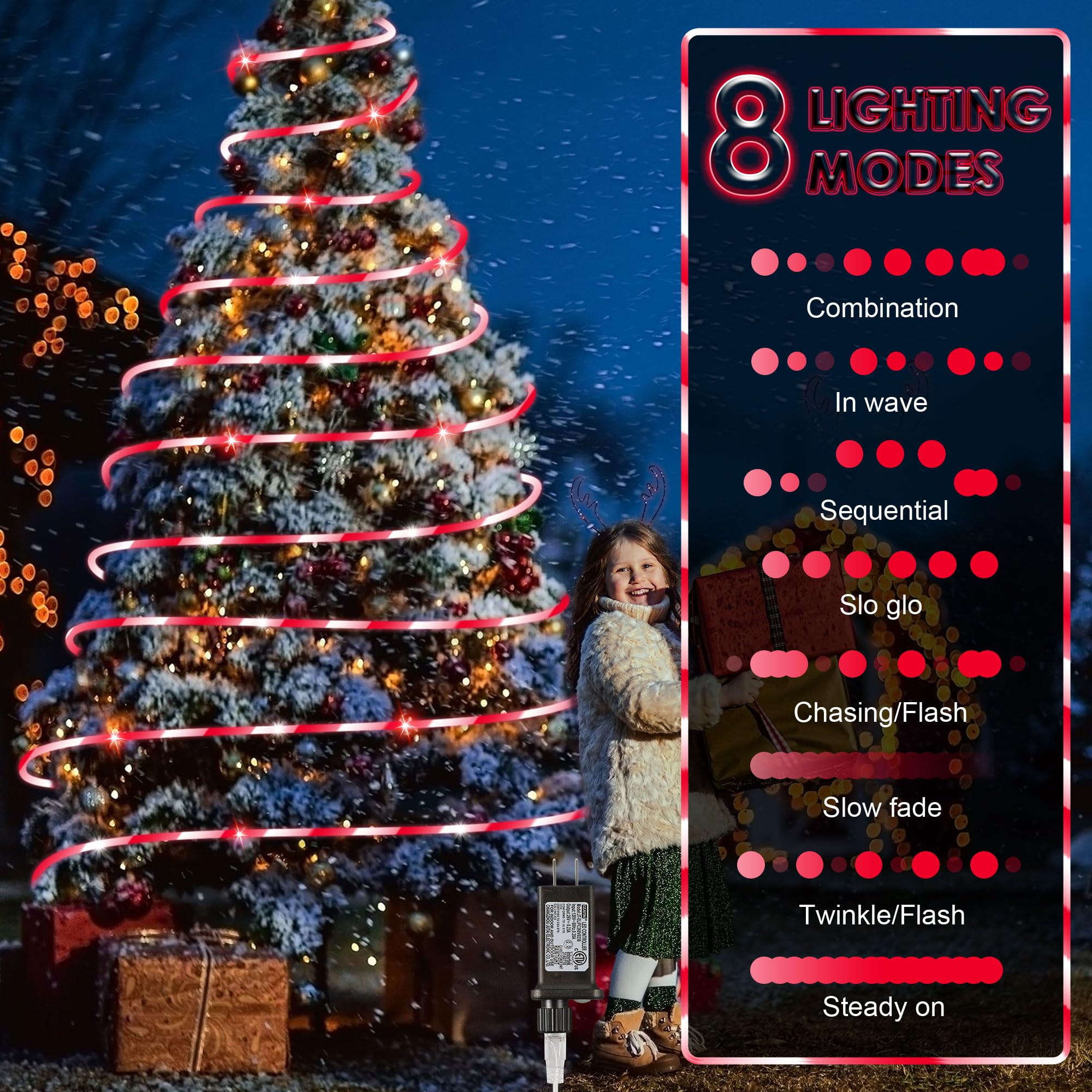 Hiboom Christmas Candy Cane Rope Lights - 65.6ft Waterproof Outdoor Decorative String Lights with 8 Lighting Modes & Timer for Christmas Tree, Fence, Patio, Garden, Yard - Perfect for Holiday Decorations, Parties, and Festive Outdoor Lighting