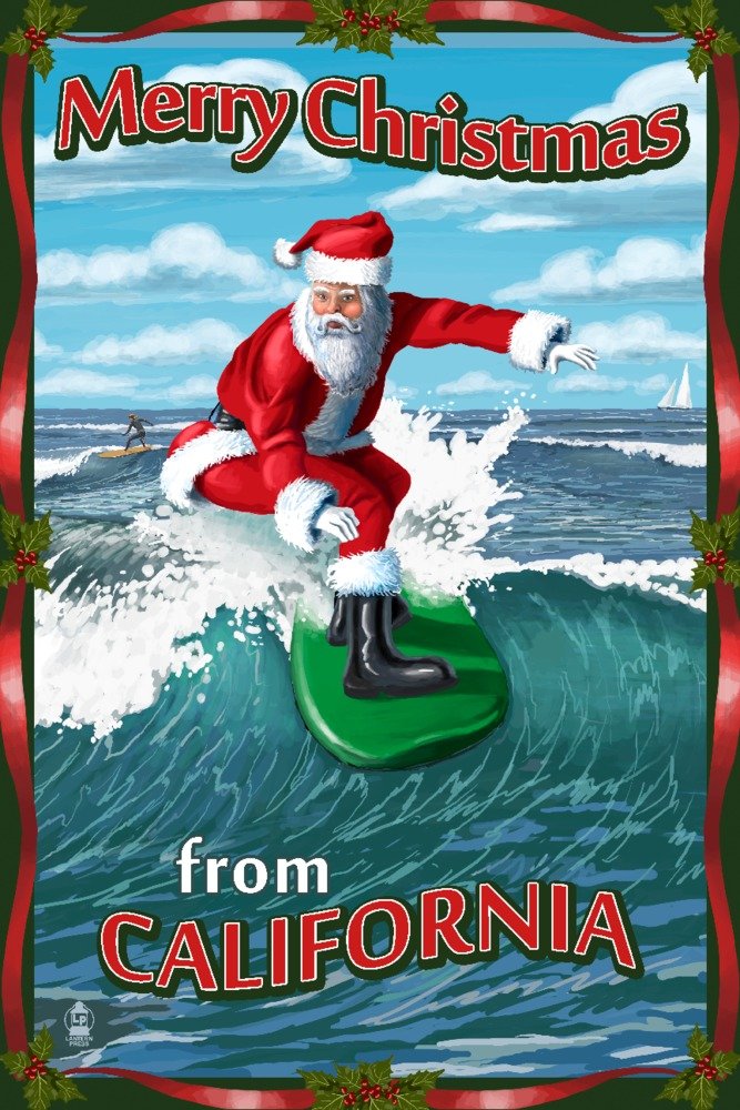 Santa Surfing 76152 - Signed 24x36 Art Print Wall Decor Poster | California Christmas Beach Theme | Perfect for Living Room, Bedroom & Office Decor