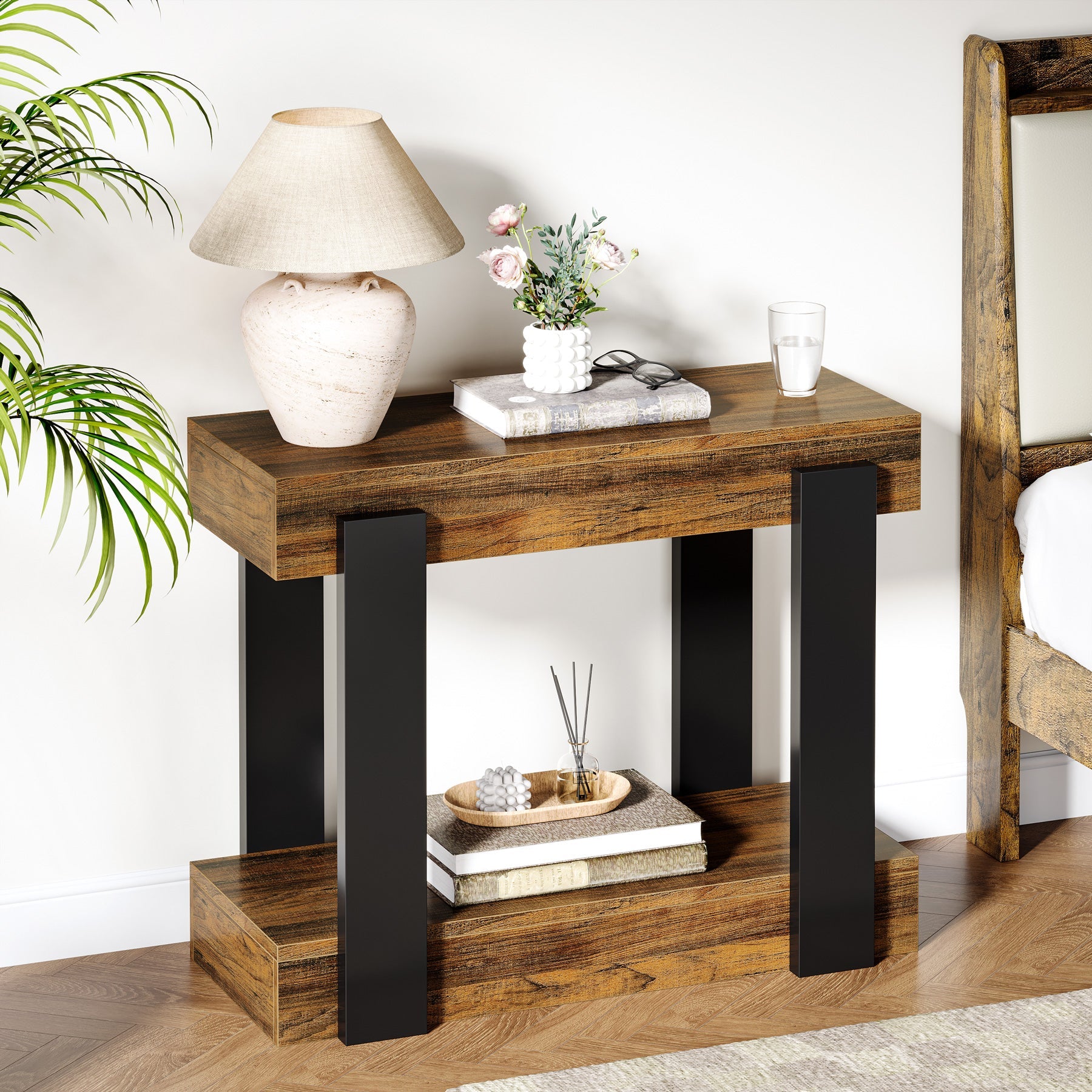 2 Tier End Table - Rustic Wood Farmhouse Side Table for Living Room, Bedroom & Office - Sturdy Nightstand with Storage Shelf for Home Decor