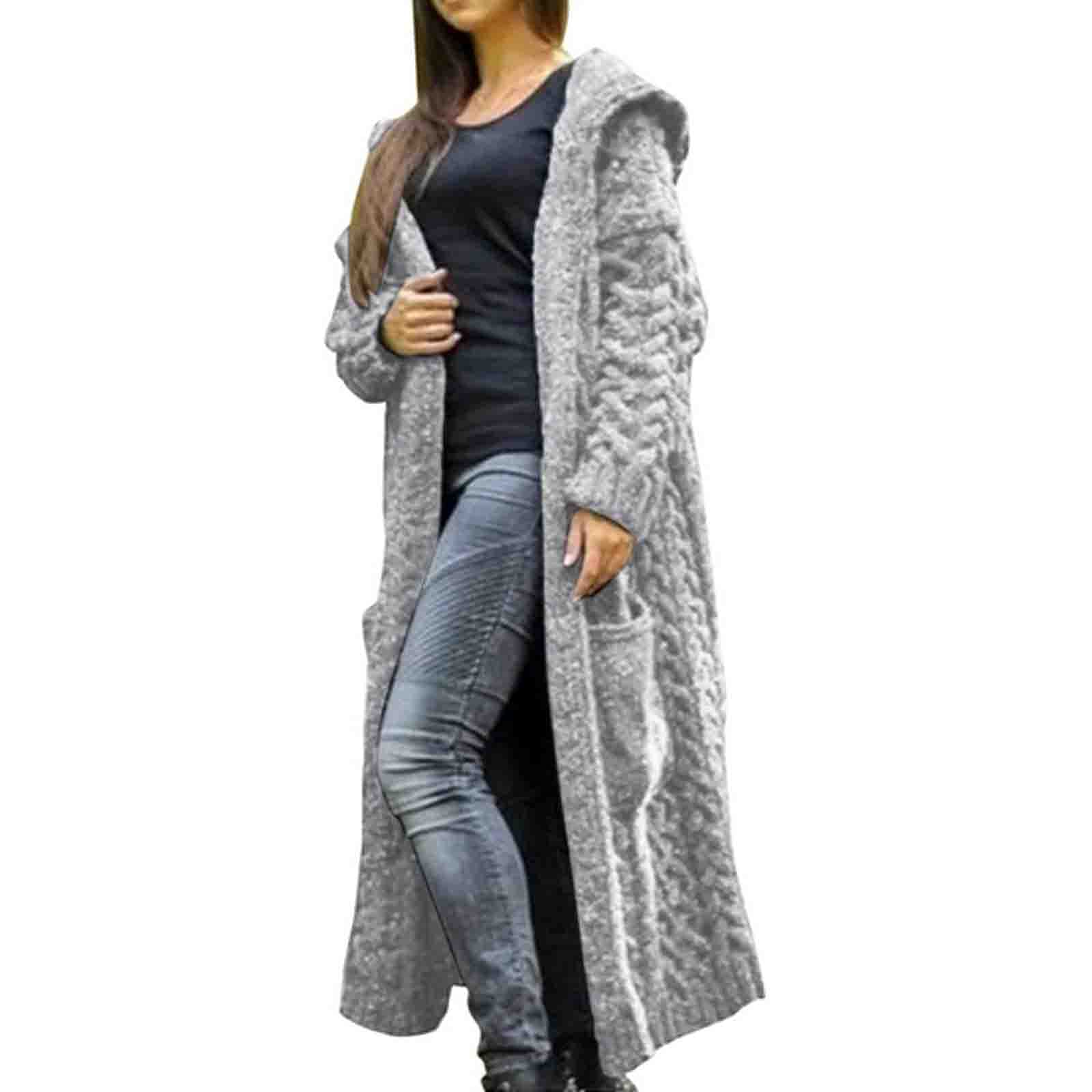 JEGULV Women's Hooded Chunky Knit Cardigan Sweater - Open Front Long Outwear Solid Color Overcoat for Casual Wear, Office & Fall Layering