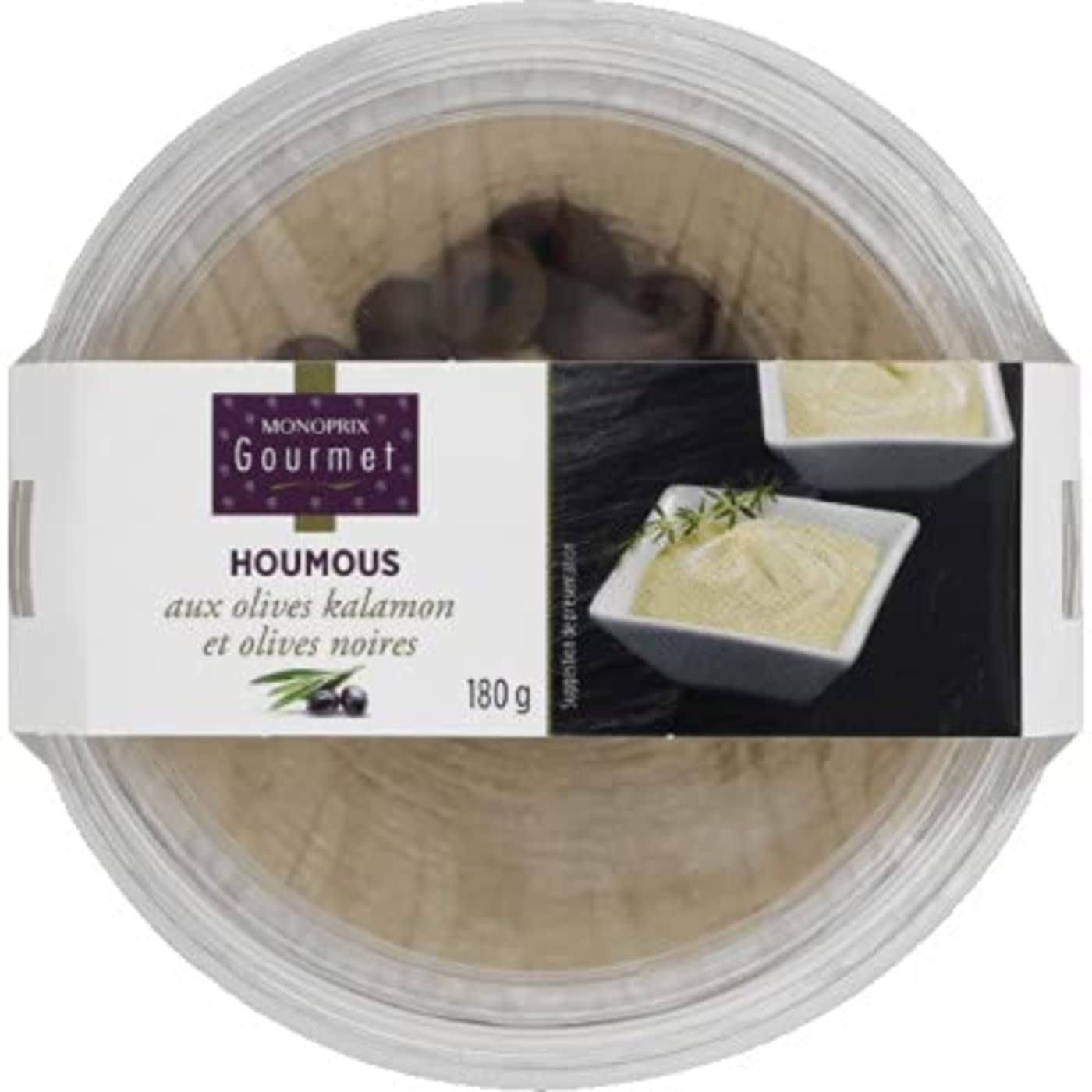 Monoprix Gourmet Hummus with Kalamata & Black Olives - 180g Pot | Perfect for Dips, Sandwiches & Mediterranean Meals