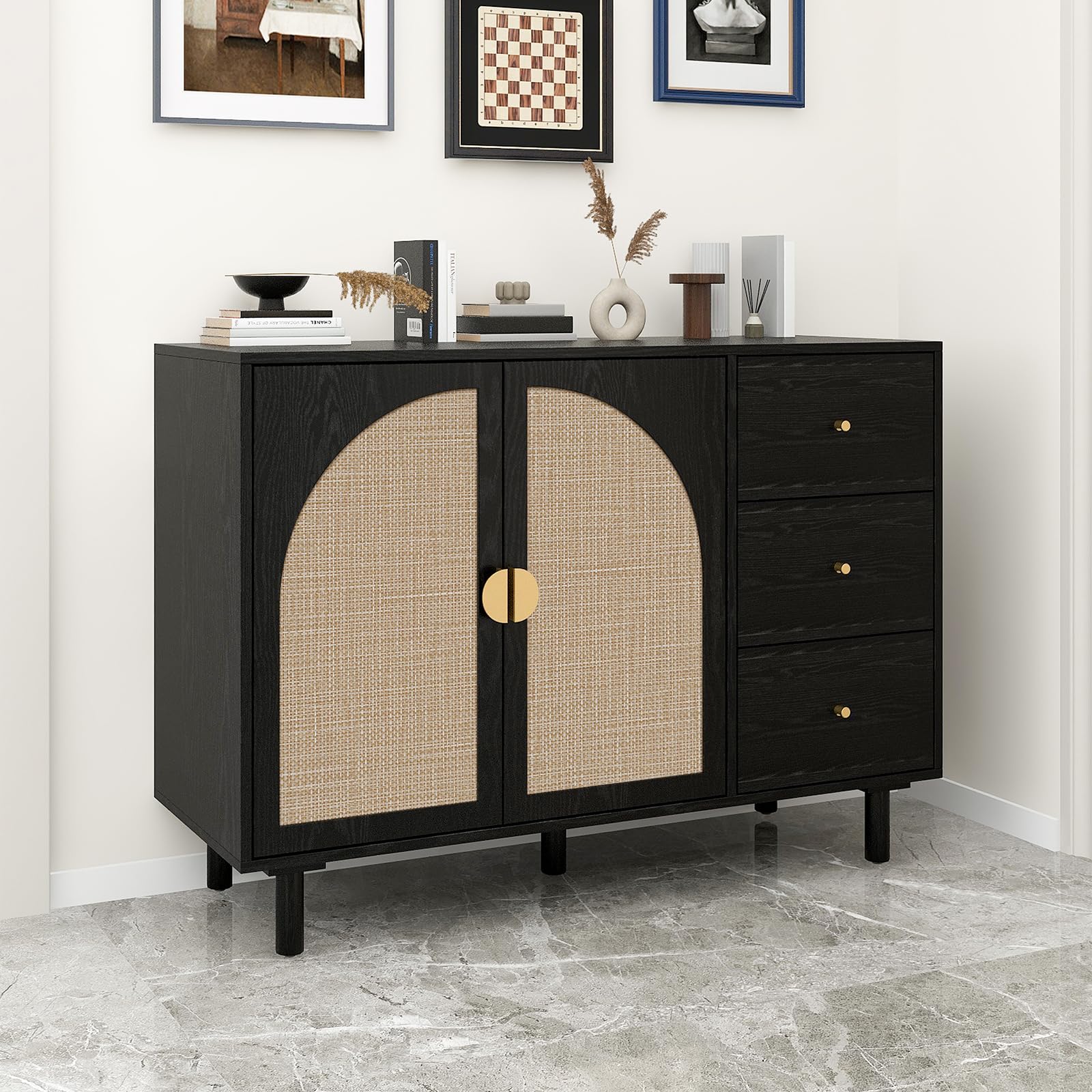 Modern Rattan Sideboard Buffet Cabinet with 2 Doors & 3 Drawers - Adjustable Shelves Storage Console for Living Room, Kitchen, Dining Room - Boho Chic Home Decor Accent Furniture (Black) | Perfect for Entertaining, Displaying Decor & Organizing Dishes