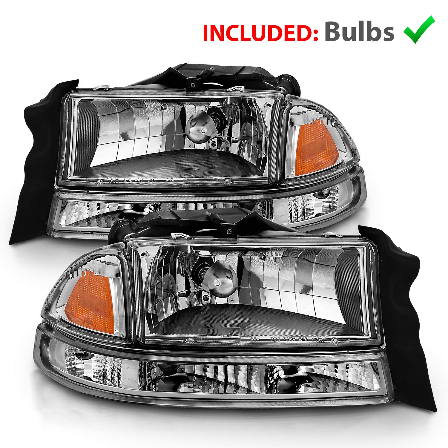 AmeriLite Chrome Replacement Headlights Corner Parking Light Set for Dodge Dakota & Durango - Driver & Passenger Side - High Visibility & Durable for Night Driving & Off-Road Adventures