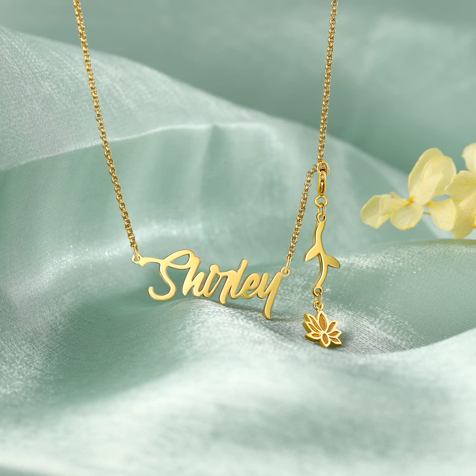Custom Birth Flower Name Necklace for Women - Personalized 925 Sterling Silver & Gold Name Plate Necklace with Dainty Birth Month Flower - Unique Birthday Gift for Her, Perfect for Anniversaries, Valentine's Day & Mother's Day Gifts