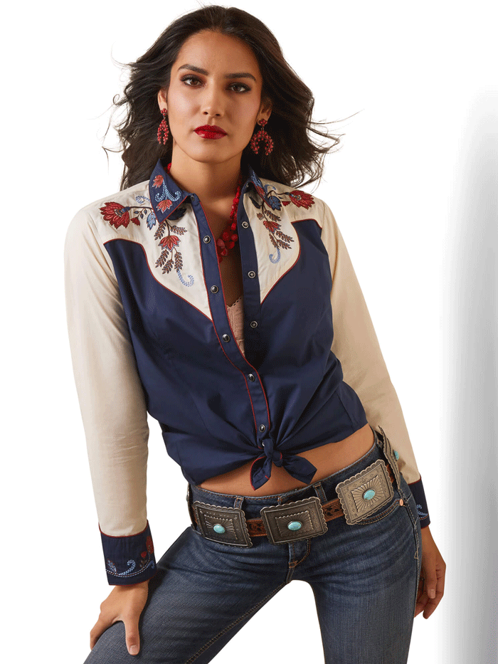 Ariat Women's Loretta Shirt - Navy Buttercream Western Plaid Button-Up Top for Casual Wear & Country Rides