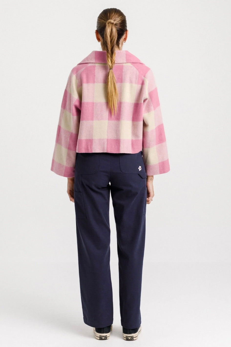 Clemmie Ballerina Pink Check Cropped Coat - Women's Fashion Trench Jacket for Spring & Fall | Perfect for Office, Date Night & Casual Outings