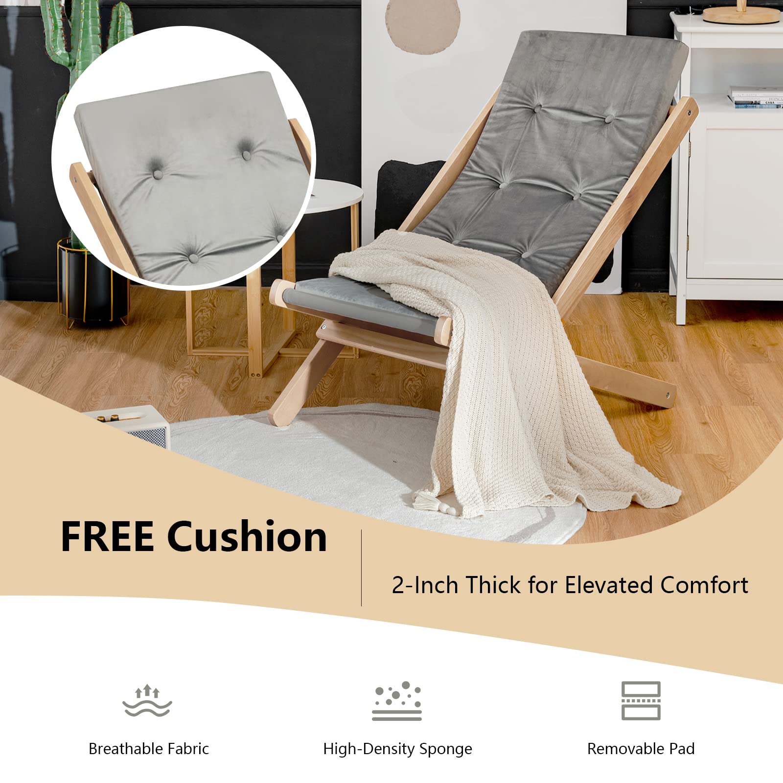 Giantex Adjustable Folding Beach Sling Chair - 3-Position Outdoor Lounge Chaise with Wood Frame & Thick Cushion - Dual Purpose Indoor/Outdoor Use for Sunbathing, Camping, Patio & Living Room Relaxation (Gray, 2-Pack)