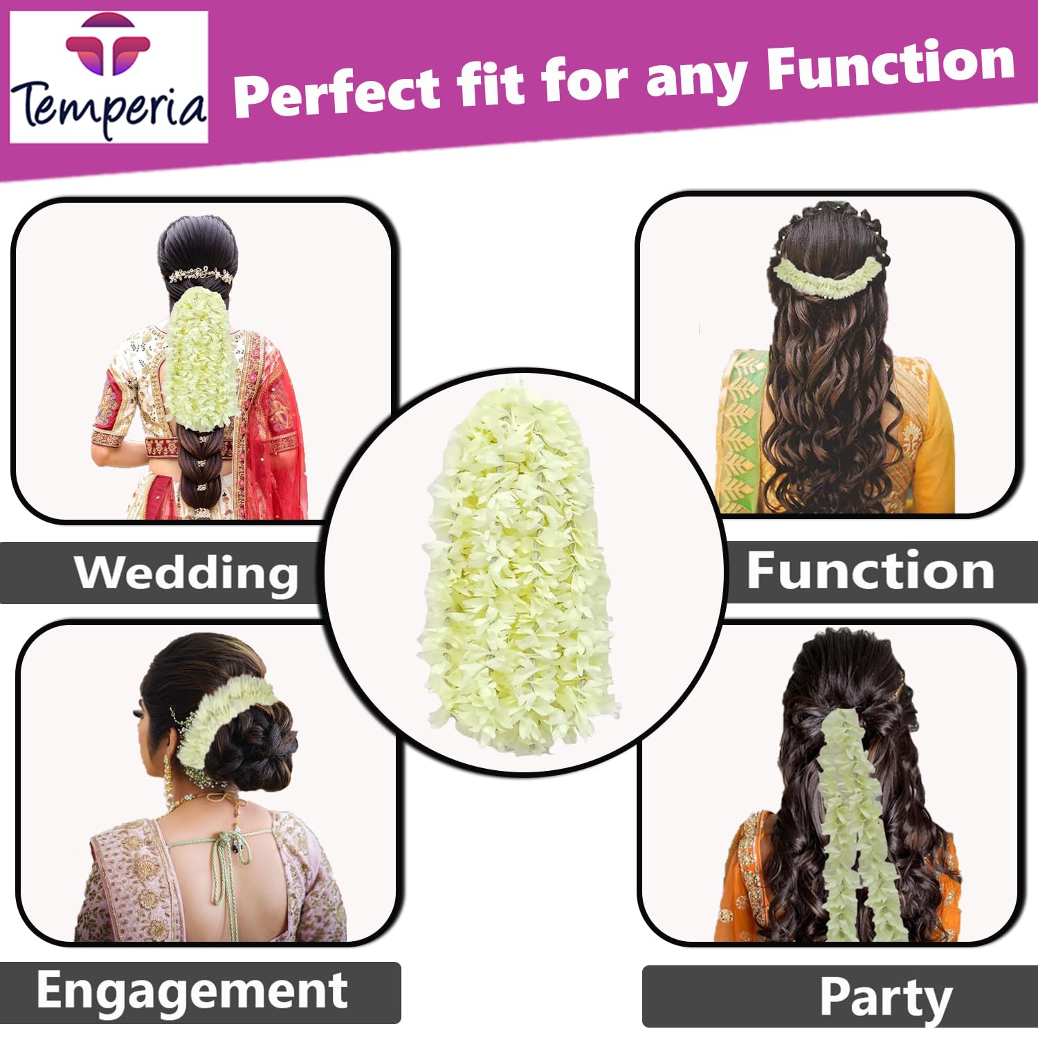 4pcs Premium Artificial Jasmine Gajra Hair Bun Accessories for Women - Scented Fake Mogra Hair Band - Voluminous Floral Hair Jewelry for Weddings, Parties & Special Occasions (DN01)