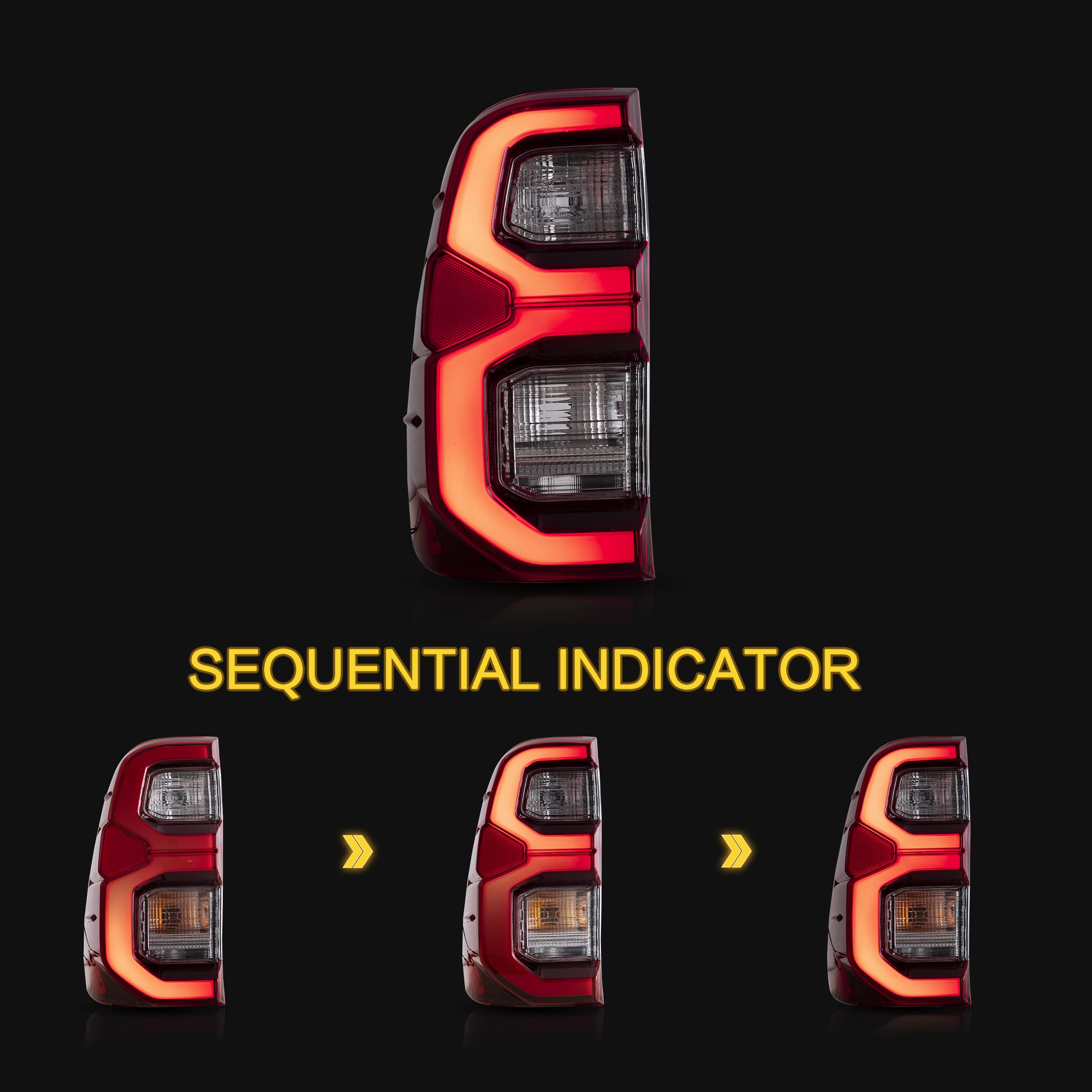 VLAND LED Tail Lights Assembly for Toyota Hilux 2015-2020 - Compatible with Base, Chasis, Doble Cab, SR, DLX Models (Not for Tonka) - Red Rear Lamps with DRL & Turn Signal - Perfect for Off-Roading & Night Driving