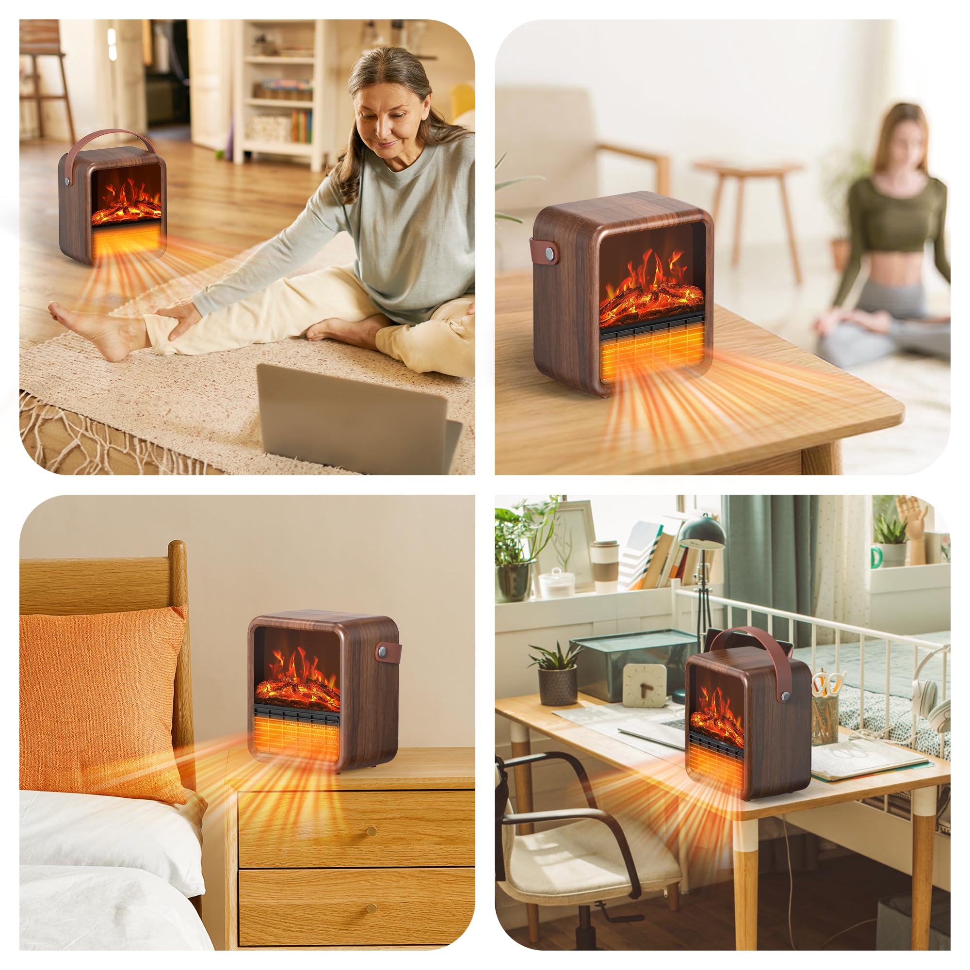 Portable Space Heater with 3D Flame Effect - 1500W/750W PTC Ceramic Heater, Thermostat & Tip-Over Protection - Mini Electric Fireplace for Bedroom, Office & Indoor Use - Walnut Finish