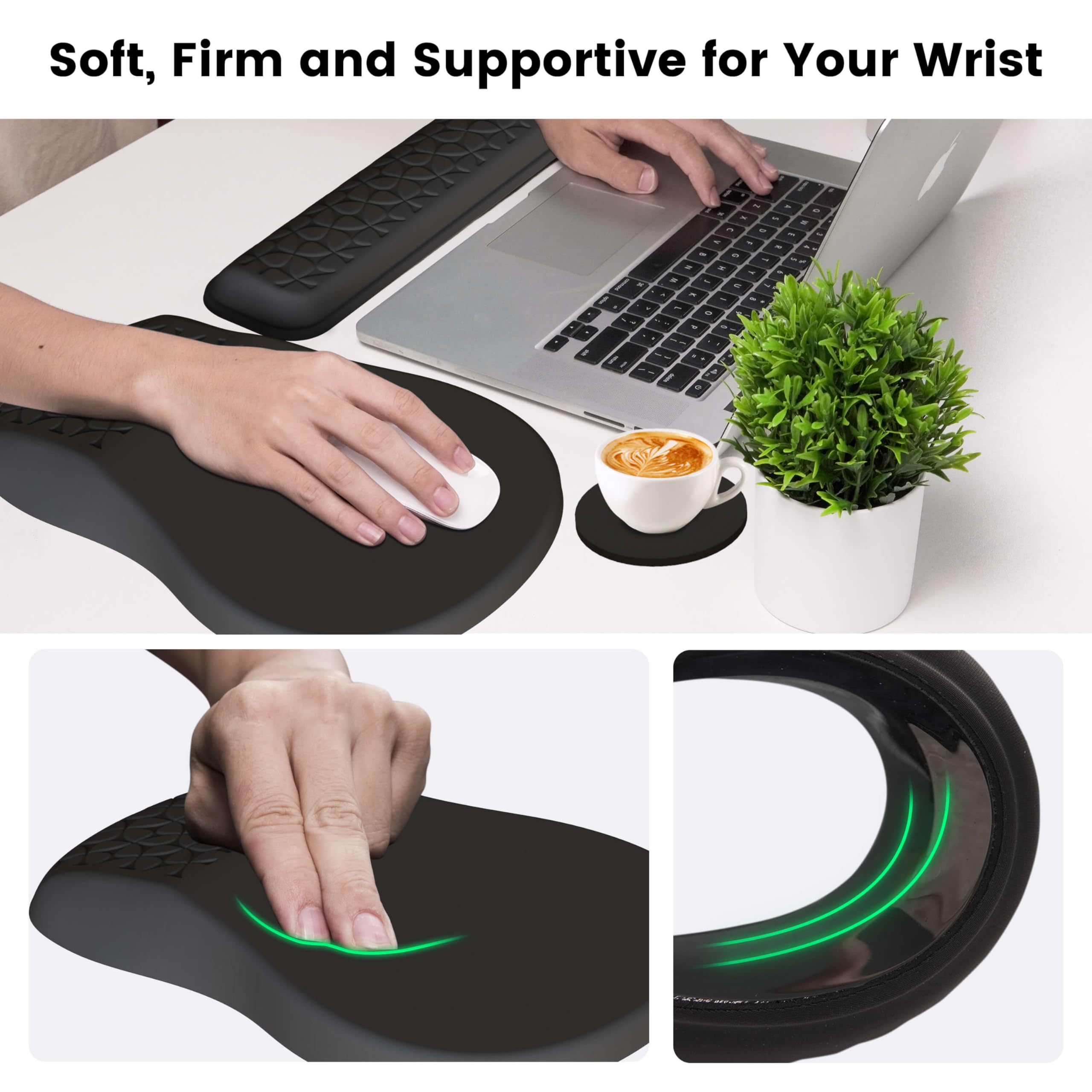 Ergonomic 3-in-1 Mouse Pad & Wrist Rest Set - Memory Foam for Office & Gaming (Black)