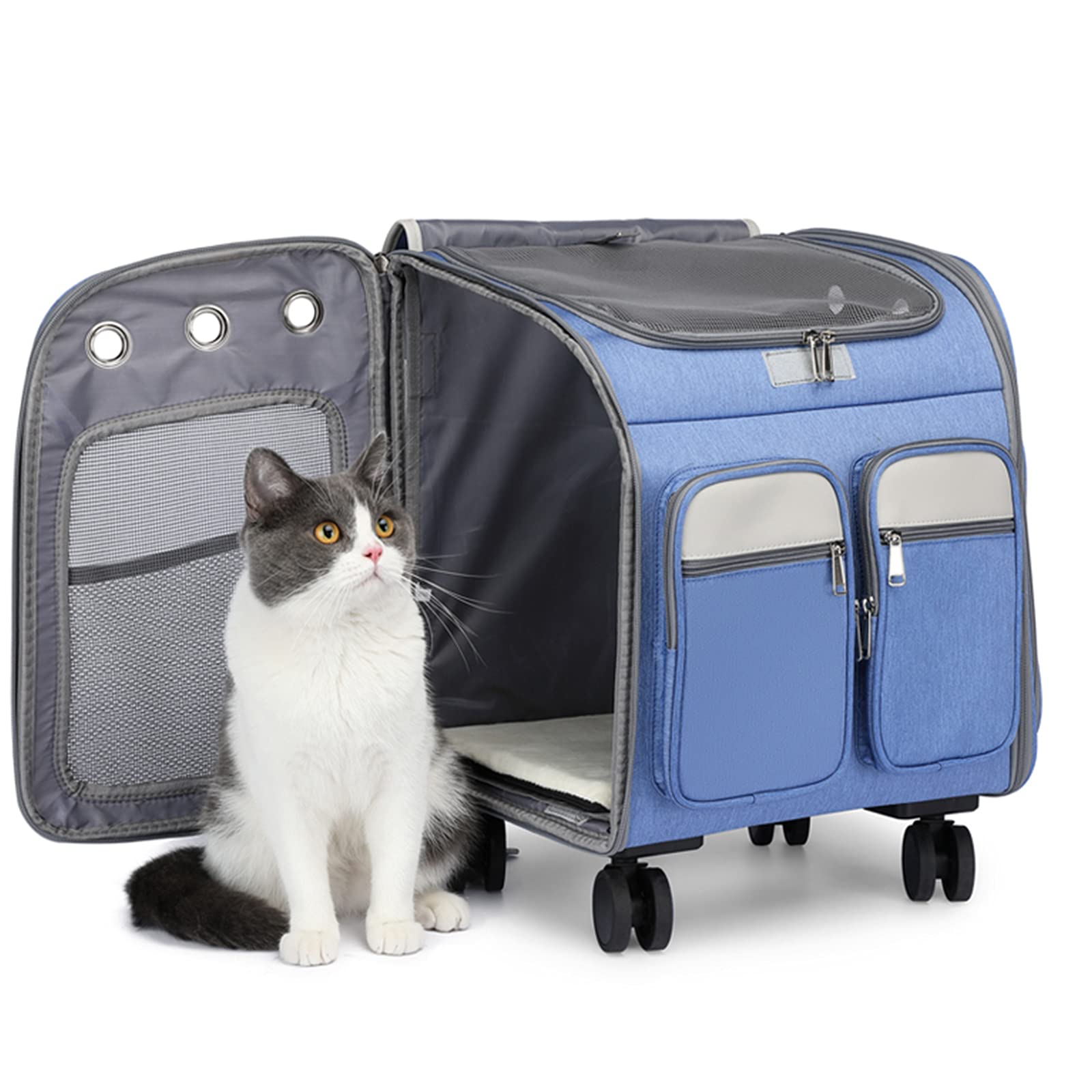 Pet Travel Carrier with Removable Wheels - Cat & Dog Rolling Backpack Stroller with Mesh Ventilation & Storage Pockets - Perfect for Air Travel, Vet Visits, and Outdoor Adventures