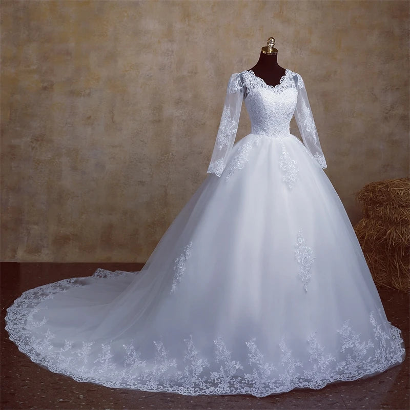 Elegant V-Neck Long Sleeve Plus Size Wedding Dress with Cathedral Train - Perfect for Bridal Ceremonies & Formal Events