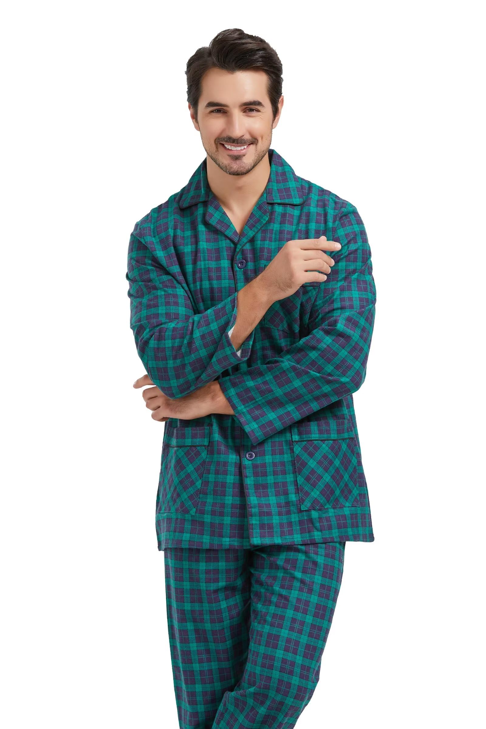 **Men's Flannel Pajama Set - 100% Cotton Soft Sleepwear with Pockets & Drawstring - Cozy Lounge Pajamas for Home, Winter Nights & Relaxation**