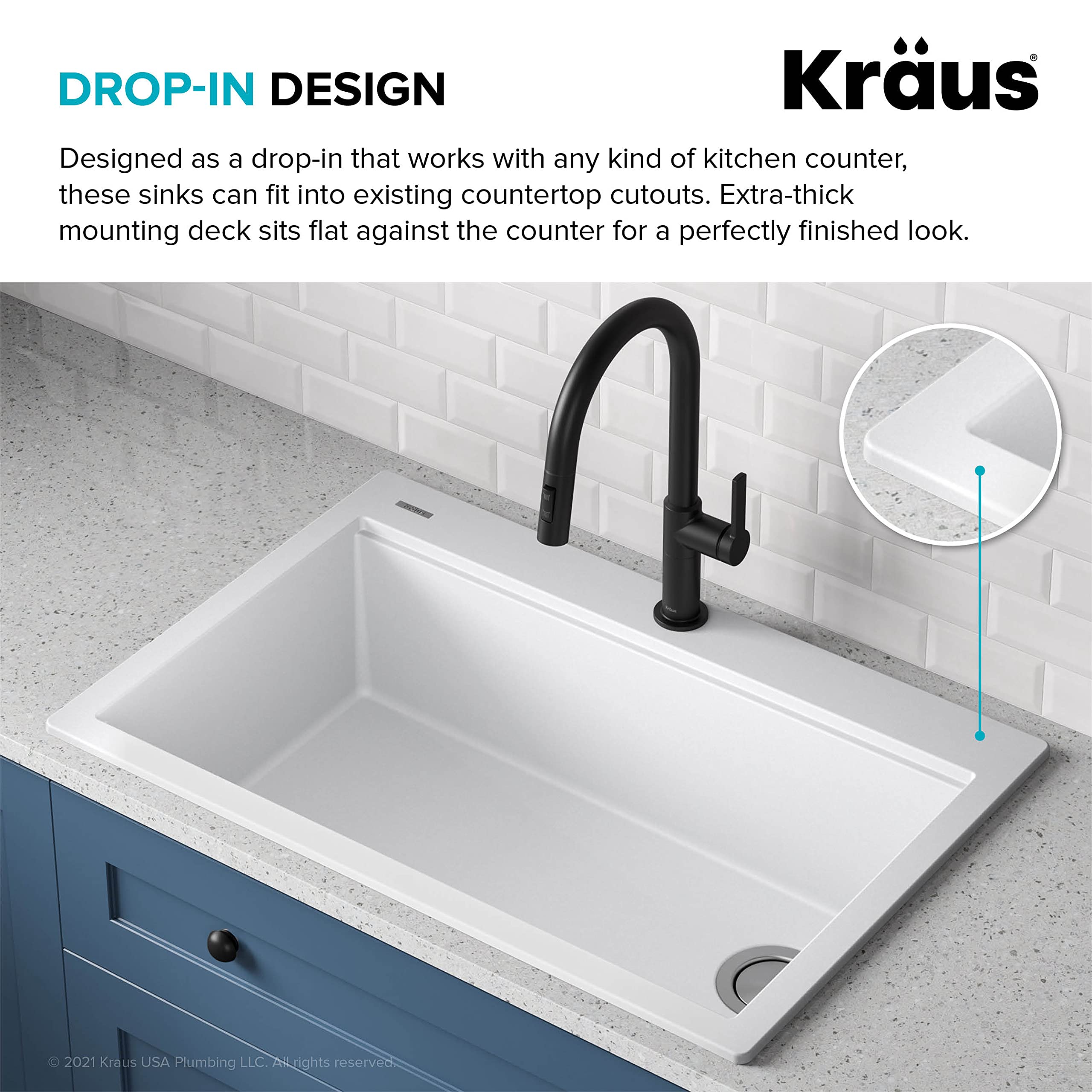 KRAUS Bellucci 33-Inch Drop-In Granite Composite Single Bowl Kitchen Sink in White with Accessories & WasteGuard™ Garbage Disposal – Perfect for Modern Kitchens, Dishwashing & Food Prep