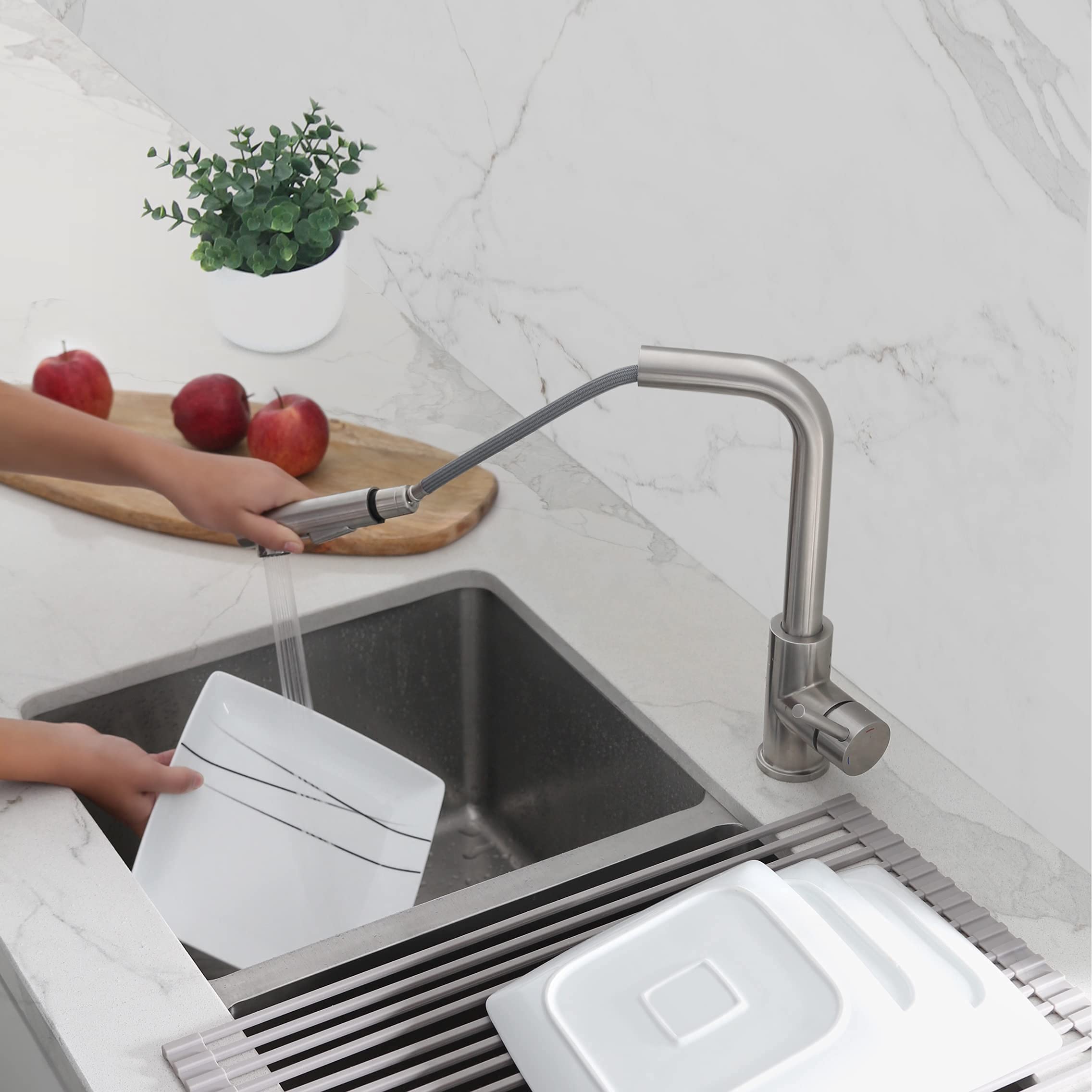 Stylish Single Handle Pull Down Kitchen Faucet with Dual Function Sprayer - Stainless Steel Mixer Tap with Ceramic Cartridge & Aerator - Polished Chrome Finish (Model K-130S) - Perfect for Modern Kitchens, Restaurant Prep Areas & RV Camping