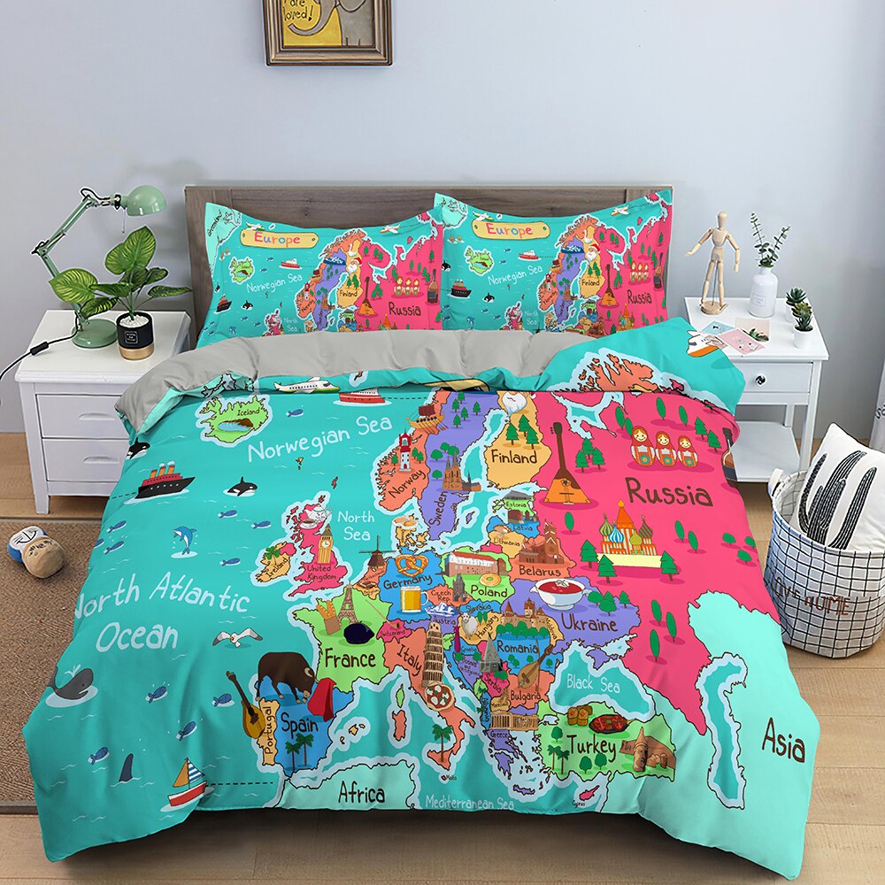 World Map Bedding Set - Full/Queen/King Size Duvet Cover & Pillowcases - Travel Themed Bedroom Decor for Adventure Lovers - Perfect for Kids Rooms, Dorms & Travel Enthusiasts