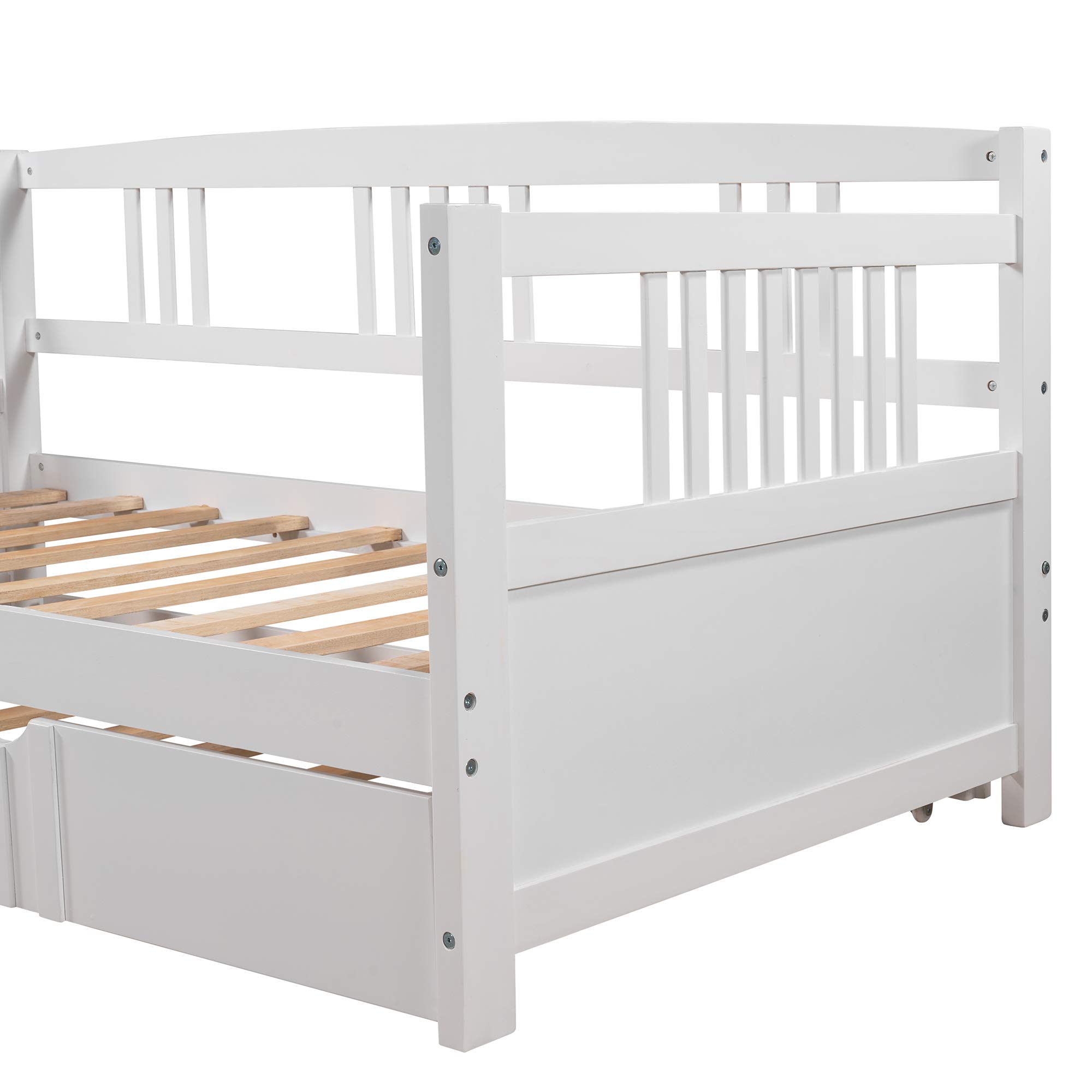 Twin Size Wood Daybed with Trundle - Solid Wood Frame, No Box Spring Needed - Perfect for Bedroom, Guest Room & Small Spaces (White, Twin)