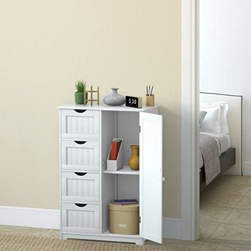 White Wooden Bathroom Storage Cabinet - 4 Drawer Free Standing Floor Organizer with Adjustable Shelf | Perfect for Bathroom, Bedroom & Closet Organization
