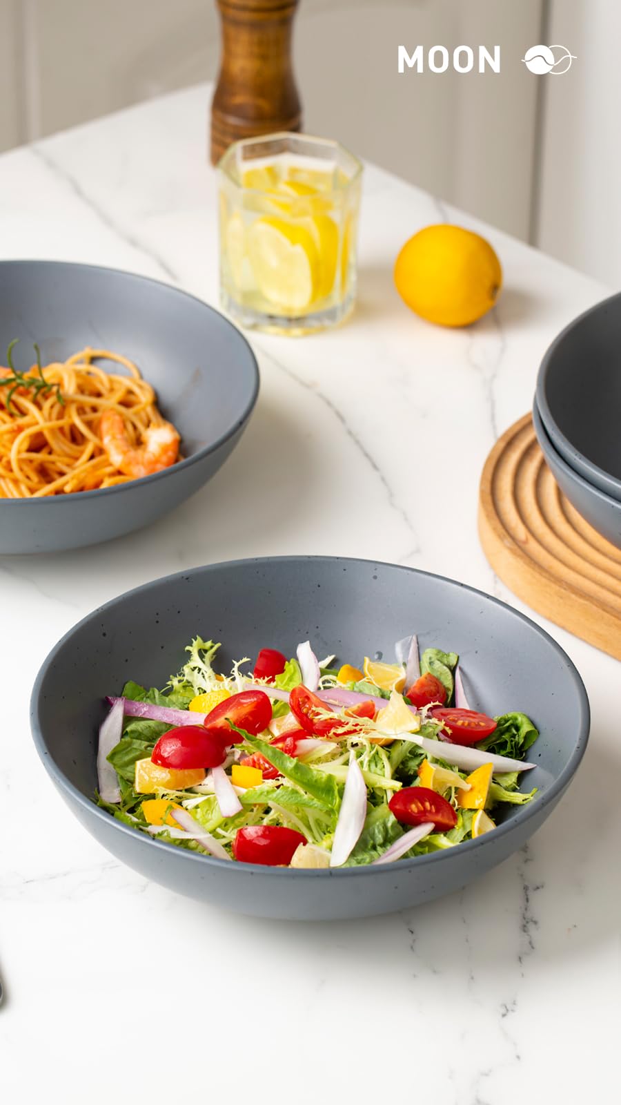 Famiware 8.75 Inch Ceramic Moon Pasta Bowls Set of 4 - Large Microwave & Dishwasher Safe Salad Serving Bowls for Dinner, Soup, Pasta - Elegant Charcoal Gray Tableware for Restaurants & Home Dining