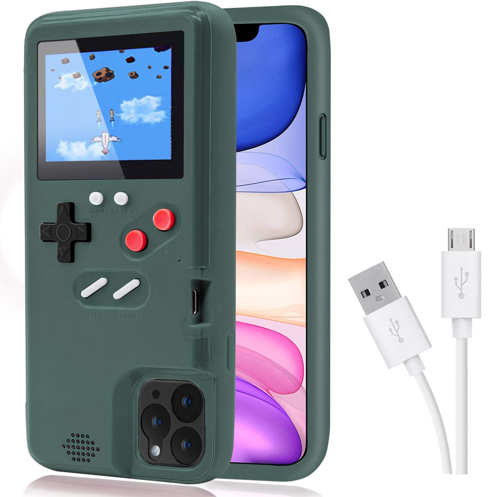DIKKAR Retro Game Console Case for iPhone 11 - Self-Powered Protective Cover with 36 Built-in Games & Full Color Display (Green) | Portable Gaming Solution for Travel, Commute & Entertainment