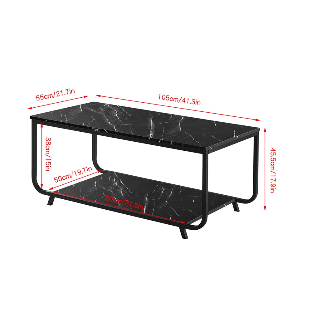 2-Tier Modern Coffee Table with Metal Frame & Marble Print Surface - End Table, Side Table, Sofa Table with Storage Shelf for Living Room, Bedroom, Home Office - Perfect for Snacks, Books & Decor