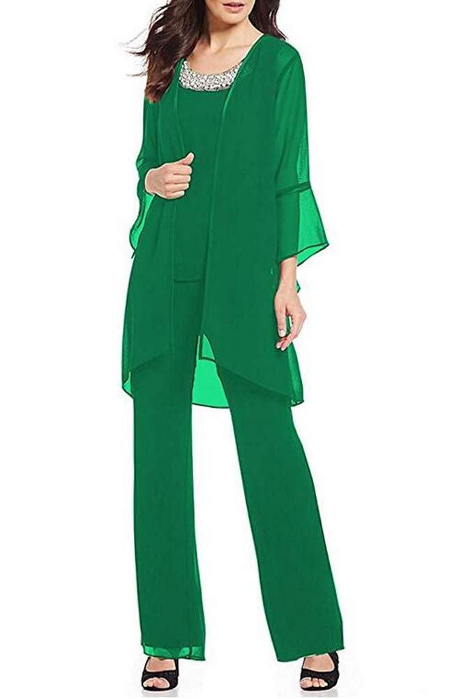 Elegant Green Chiffon Mother of the Bride Pant Suit Set - 3 Piece Formal Wedding Outfit for Plus Size Women (US26W) | Perfect for Wedding Ceremonies, Receptions & Special Occasions