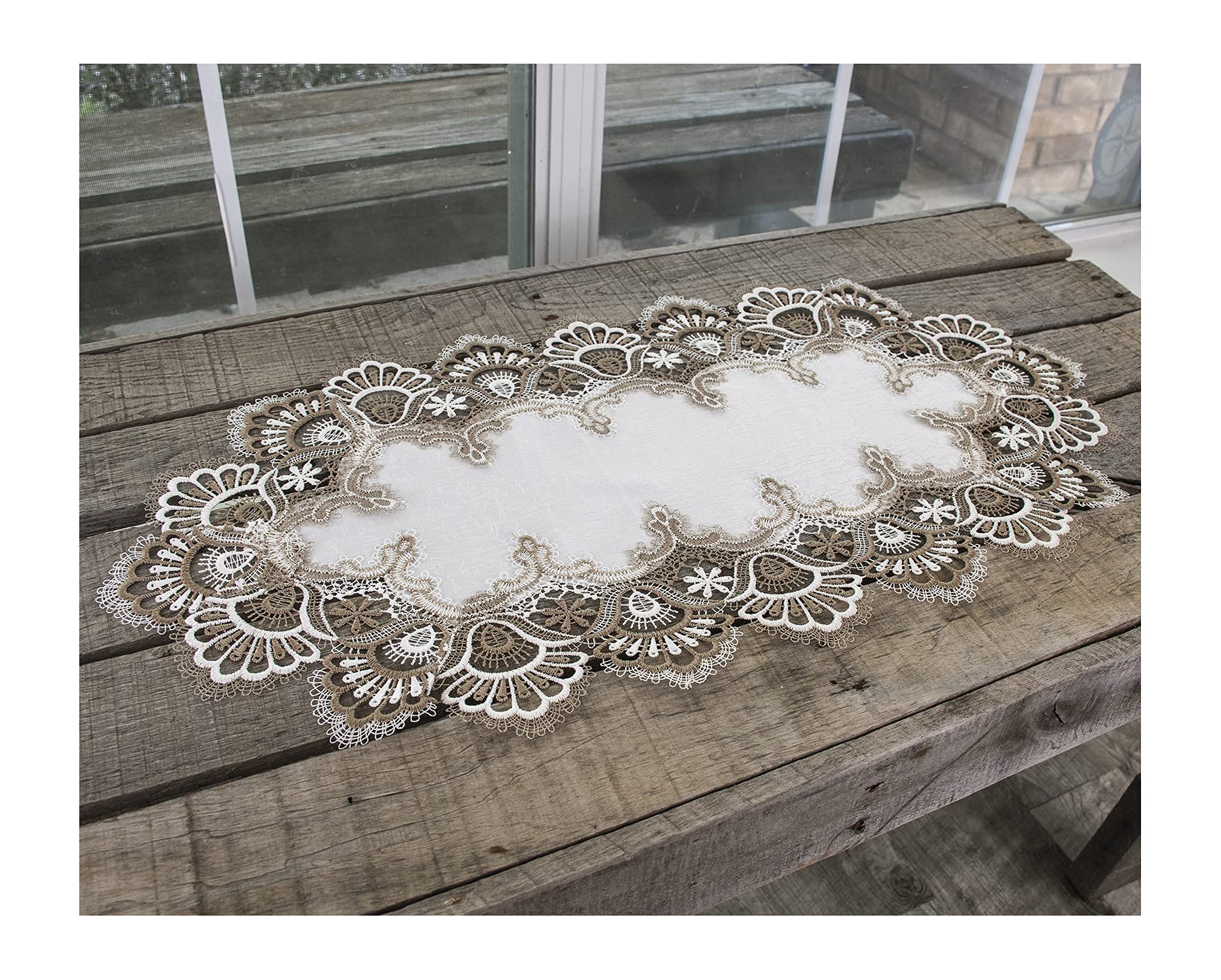 White Cocoa Earth Tones Jacquard Peacock Tail Lace Table Runner - Elegant Dresser Scarf & Coffee Table Decor (14x26 Inches) for Dining Room, Living Room & Wedding Decorations