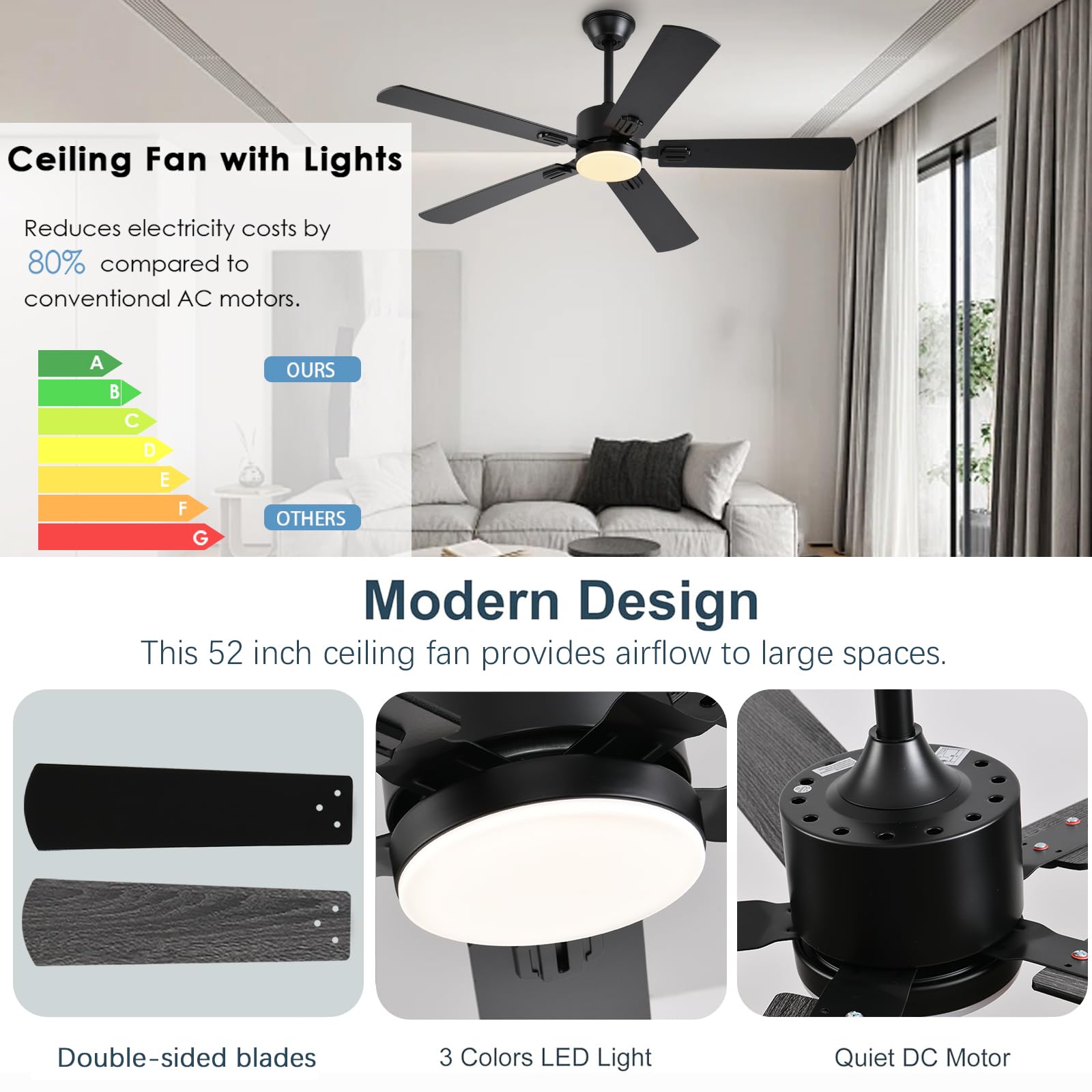 52 Inch Modern Ceiling Fan with Light - Smart APP & Remote Control, Low Profile Reversible 6-Speed Indoor/Outdoor Ceiling Fan for Bedroom, Living Room, Patio - Black - Perfect for Home Cooling & Stylish Decor
