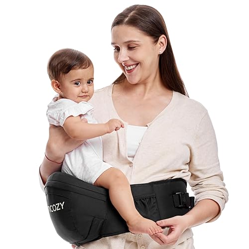 Momcozy Adjustable Baby Carrier Hip Seat - Ergonomic Design with 3D Belly Protector & EVA Massage Board, Waist Support for Newborn to Toddler (Up to 45lbs), Multiple Pockets - Black Medium | Perfect for Shopping, Travel & Hands-Free Parenting