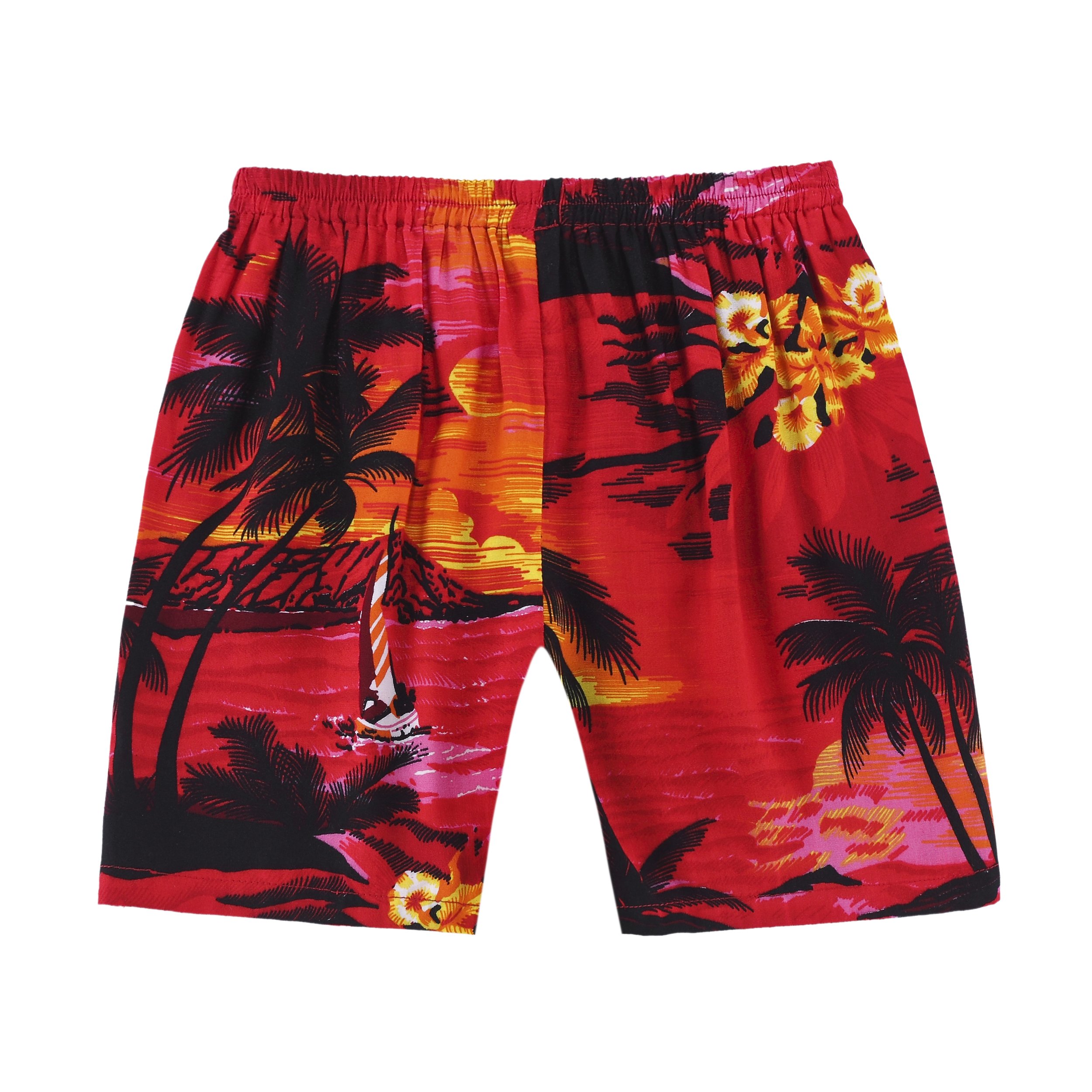 Stylish Boys Hawaiian Shirt & Cabana Set - Red Sunset Tropical Print - Perfect for Beach Vacations, Summer Parties & Poolside Fun